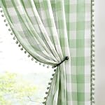 Buffalo Check Curtains 84inch Farmhouse Pom Pom Curtain Drapes for Living Room Vintage Gingham Plaid Semi Sheer Tan Window Curtains for Bedroom Kitchen 2 Panels Rod Pocket Taupe and White