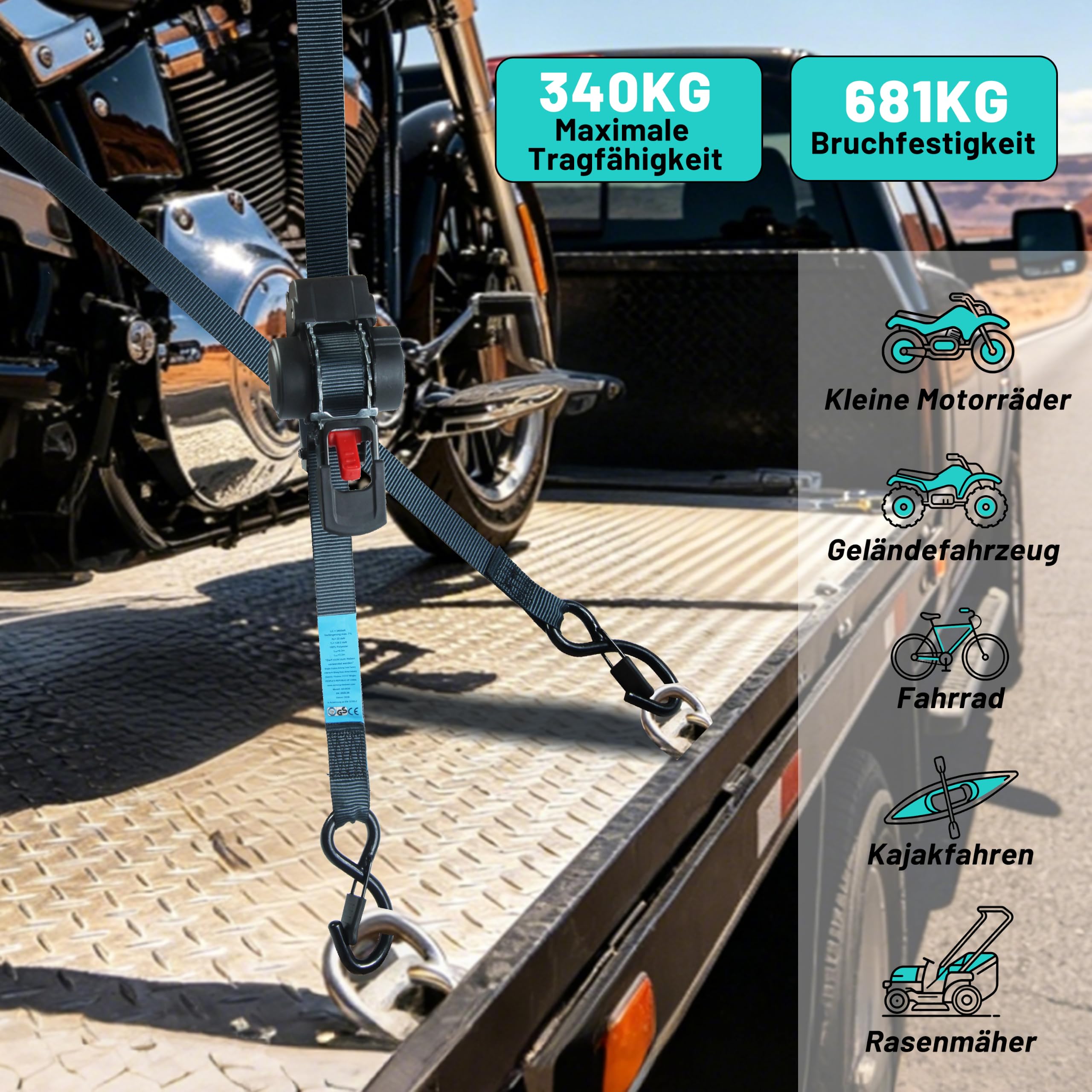 Confezione da 4 cinghie a cricchetto automatiche, 25 mm x 3,5 m, resistenza alla rottura di 681 kg, cinghie di carico resistenti con ganci a S rivestiti e passanti morbidi, per camion, rimorchi, moto