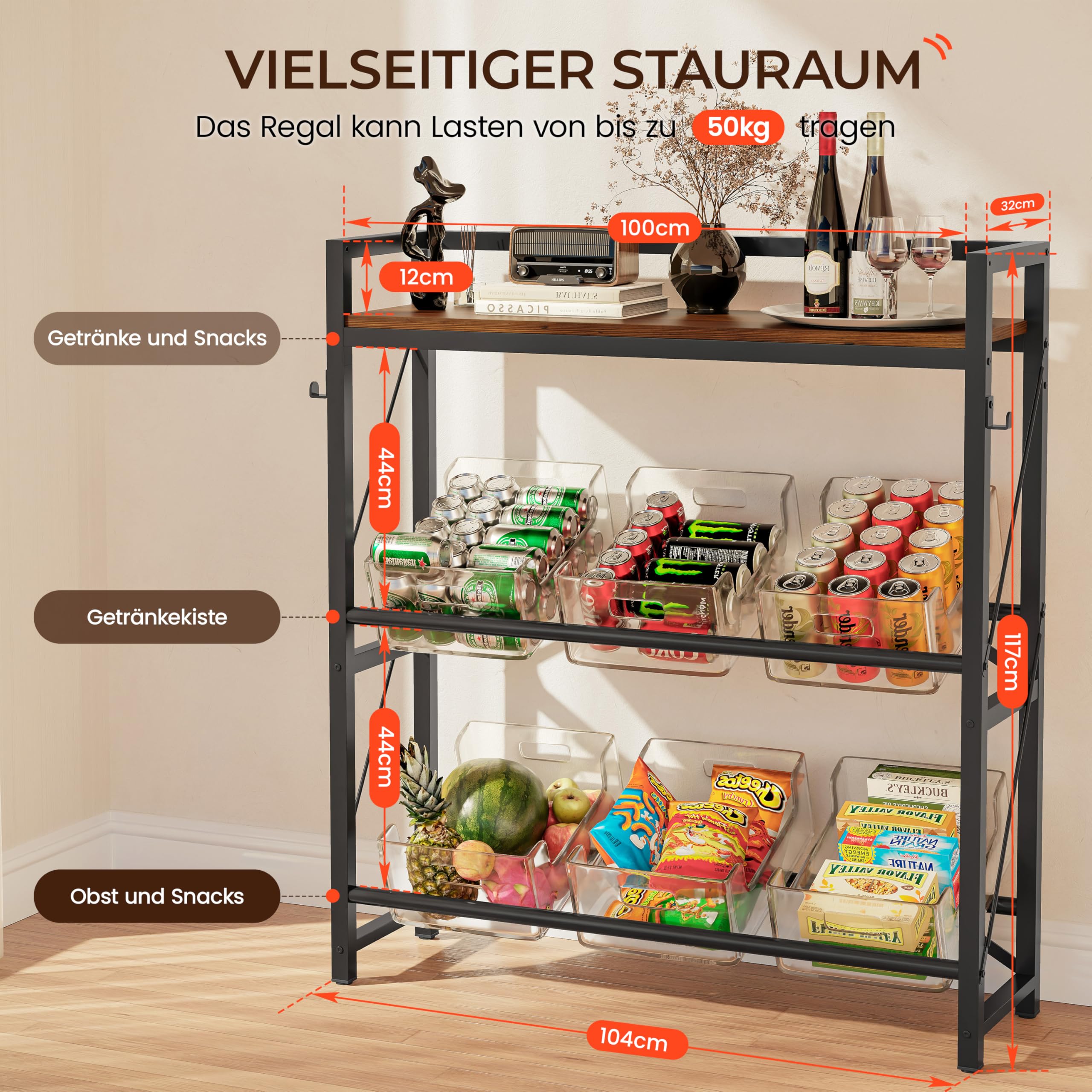 YOUDENOVA Getränkekistenregal, Getränkeregal mit Ablage für 6 Kisten, Metall kistenregal, Freistehend Kistenständer, 32D x 104W x 118H bierkastenständer, für Küche, Wohnzimmer und Keller, Braun