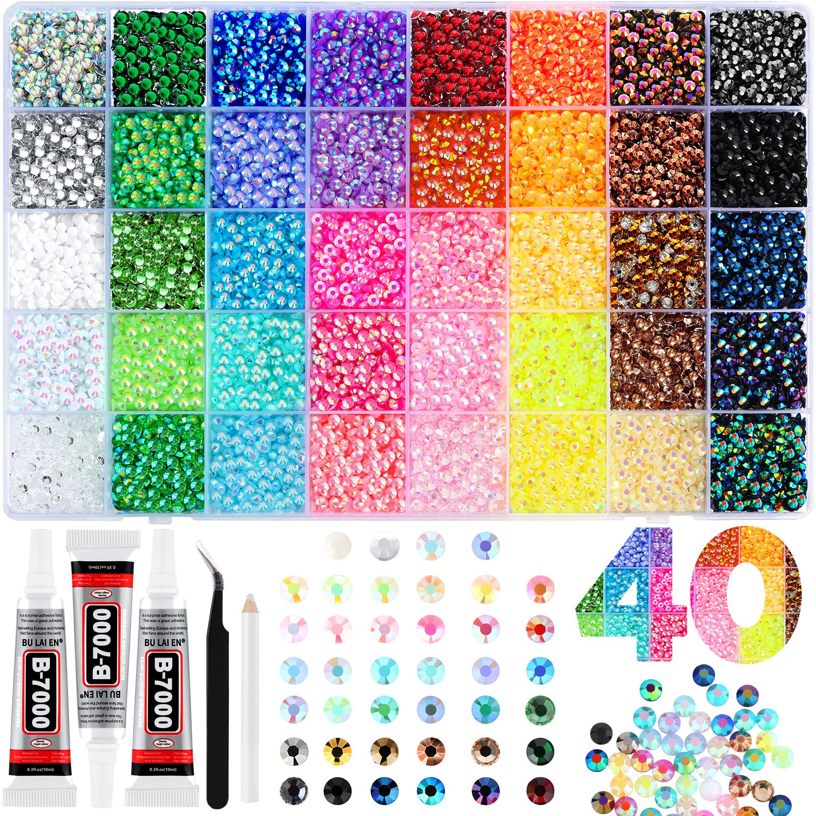 Zefy 40 Colors Resin Jelly Rhinestones for Bedazzling  4mm 32000 Pcs Flatback Gems for Crafting  Bedazzling Kit with 3Pcs B7000 Glue for Clothing Shoes Nail Book Diamond Art