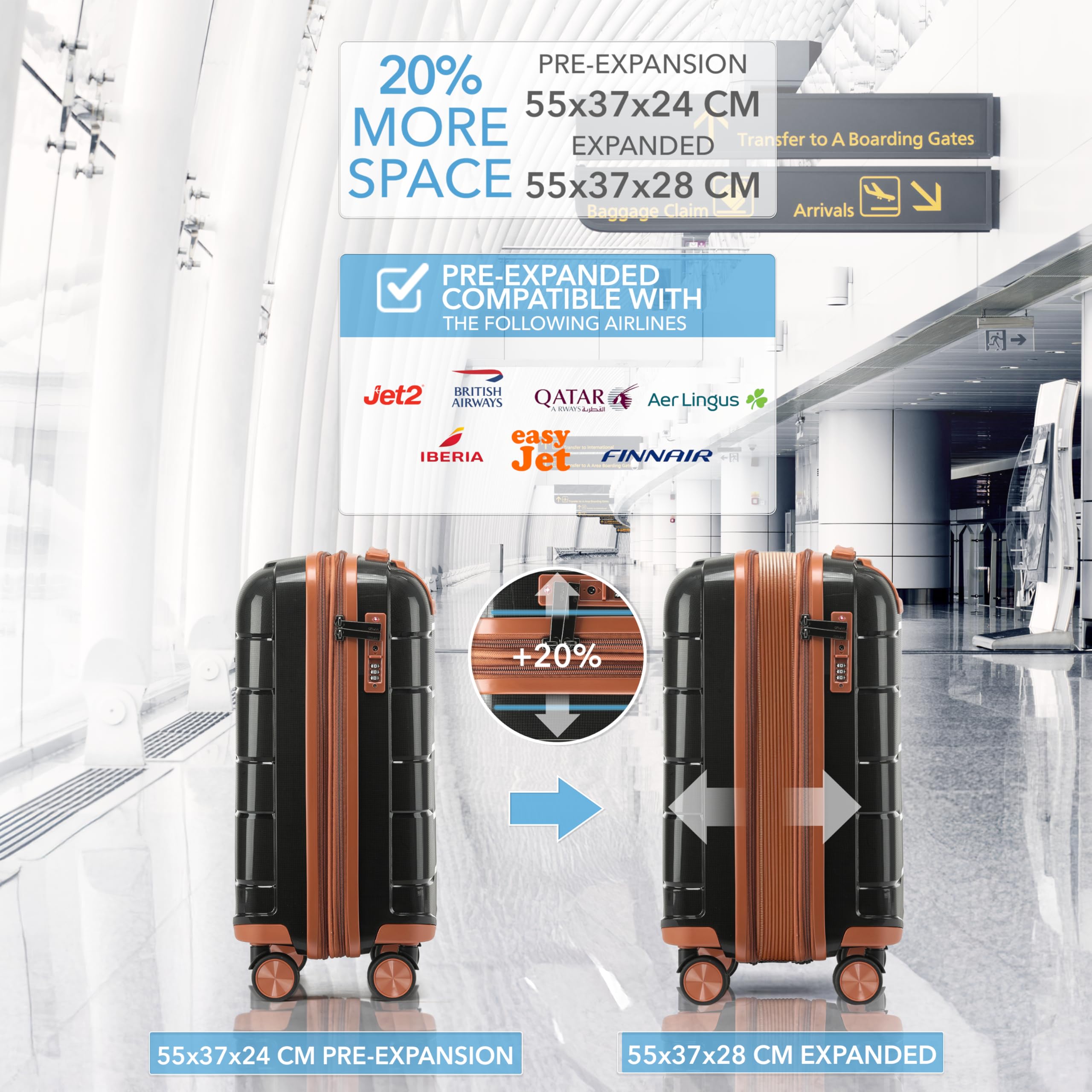 CRUW Hand Luggage 22" Expandable Lightweight Cabin Bag TSA Approved Lock Silent Wheels with Vanity Case Durable Polypropylene Luggage Suitcase Fits 56x45x25cm Overhead Carry On for easyJet.