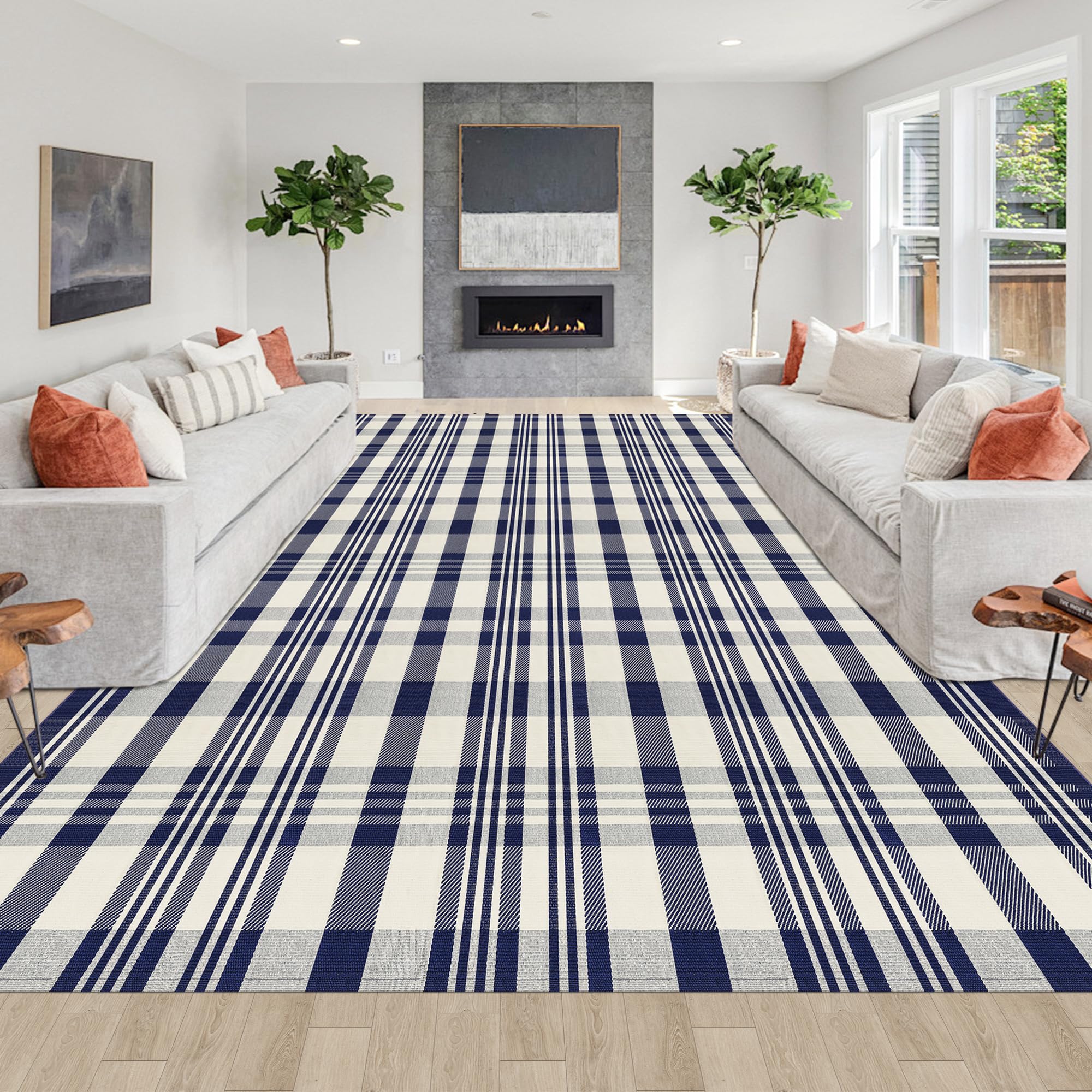 Tapis de salon rétro à carreaux marine pour une ferme élégante