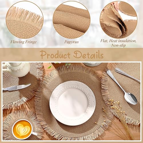 Miniatura 3 de Tioncy 24 piezas (12 juegos) manteles individuales redondos de papel tejido bohemio y posavasos trenzados, 12 manteles individuales de 15 pulgadas