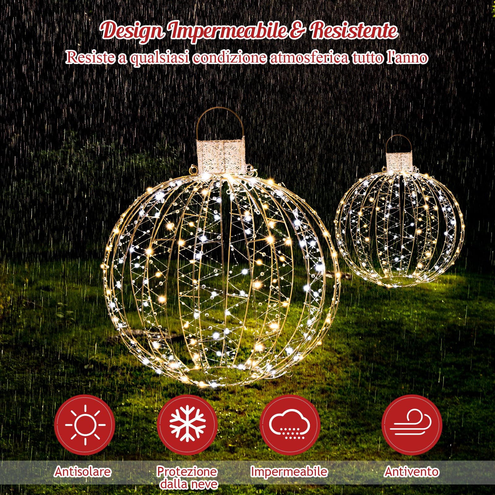 GYMAX Set di 3 Palle Luminose Natalizie a LED, Luce a Sfera da Appendere con 30 Fascette e 6 Picchetti, Globi Luminosi con Struttura in Ferro per Alberi, Prati e Giardini da Interno ed Esterno