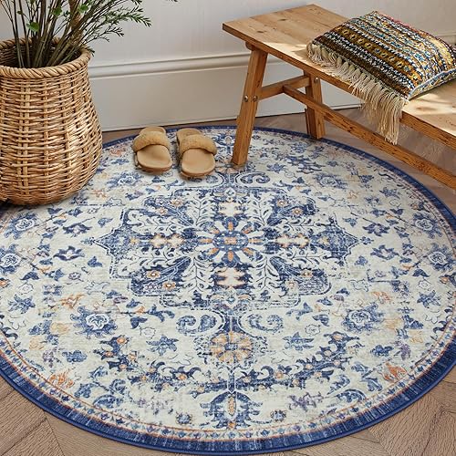 Lahome Round Rug 5'3"Ft, Large Washable Dining Room Round Area Rug Soft Kitchen Circle Rug, Bohemian Non-Slip Non-Shedding Printed Indoor Carpet for Bedroom Entryway Bathroom, Blue Purple/Multi