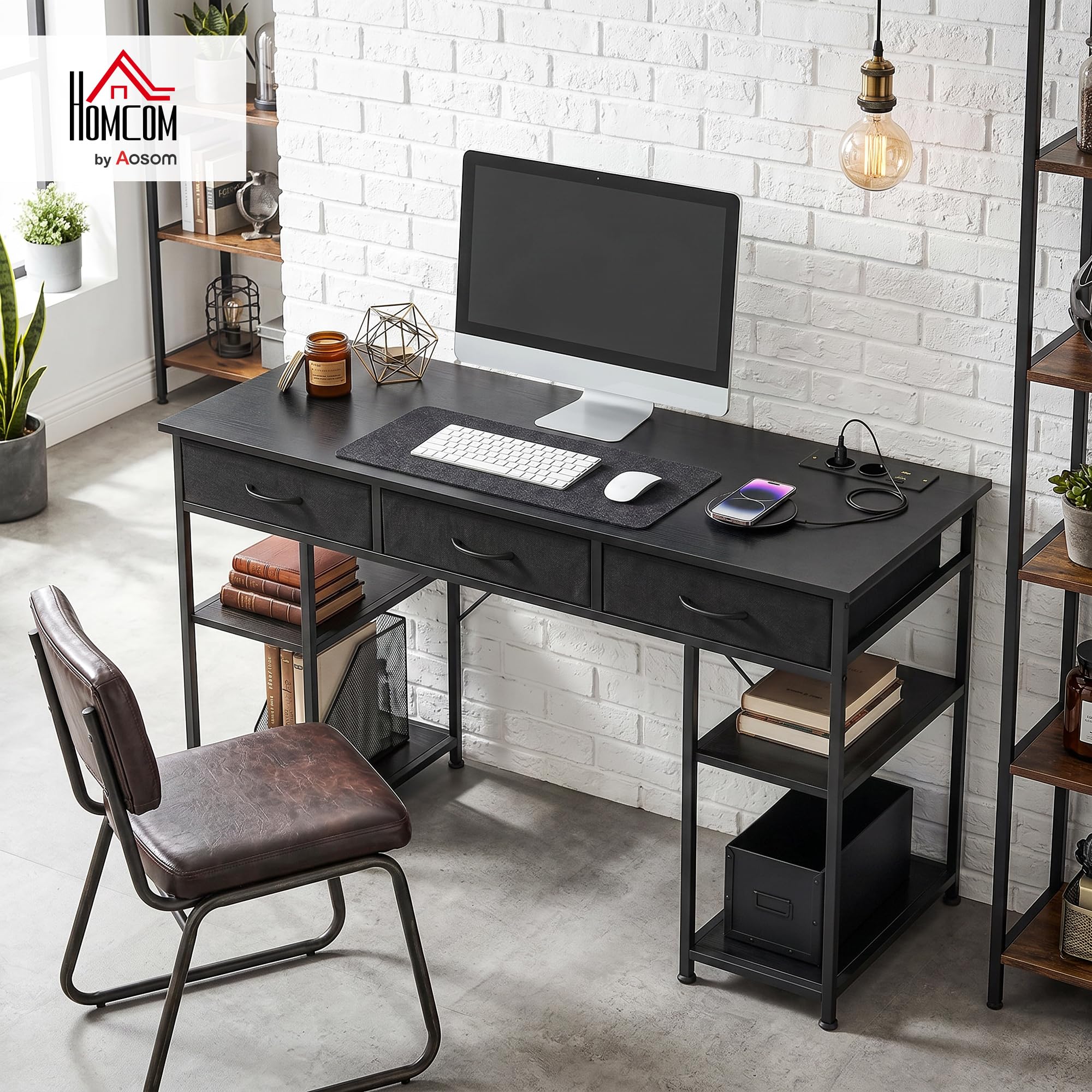 HOMCOM Scrivania per computer con 2 prese di ricarica USB e 2 prese di corrente, scrivania con deposito 120 x 40 cm, ripiani regolabili e 3 cassetti in tessuto, postazione di lavoro, telaio in acciaio