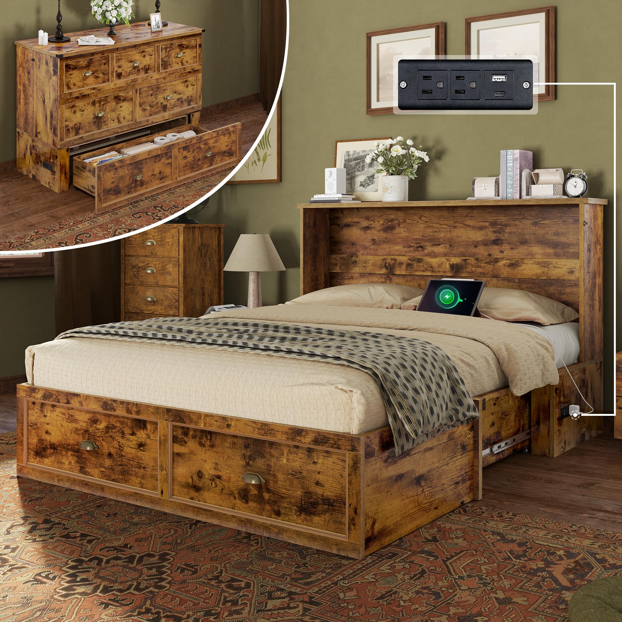 AMERLIFE Queen Size Murphy Bed, Farmhouse Wooden Cabinet with Charging Station and Storage Drawer for Bedroom/Office/Guest Room, Rustic Brown