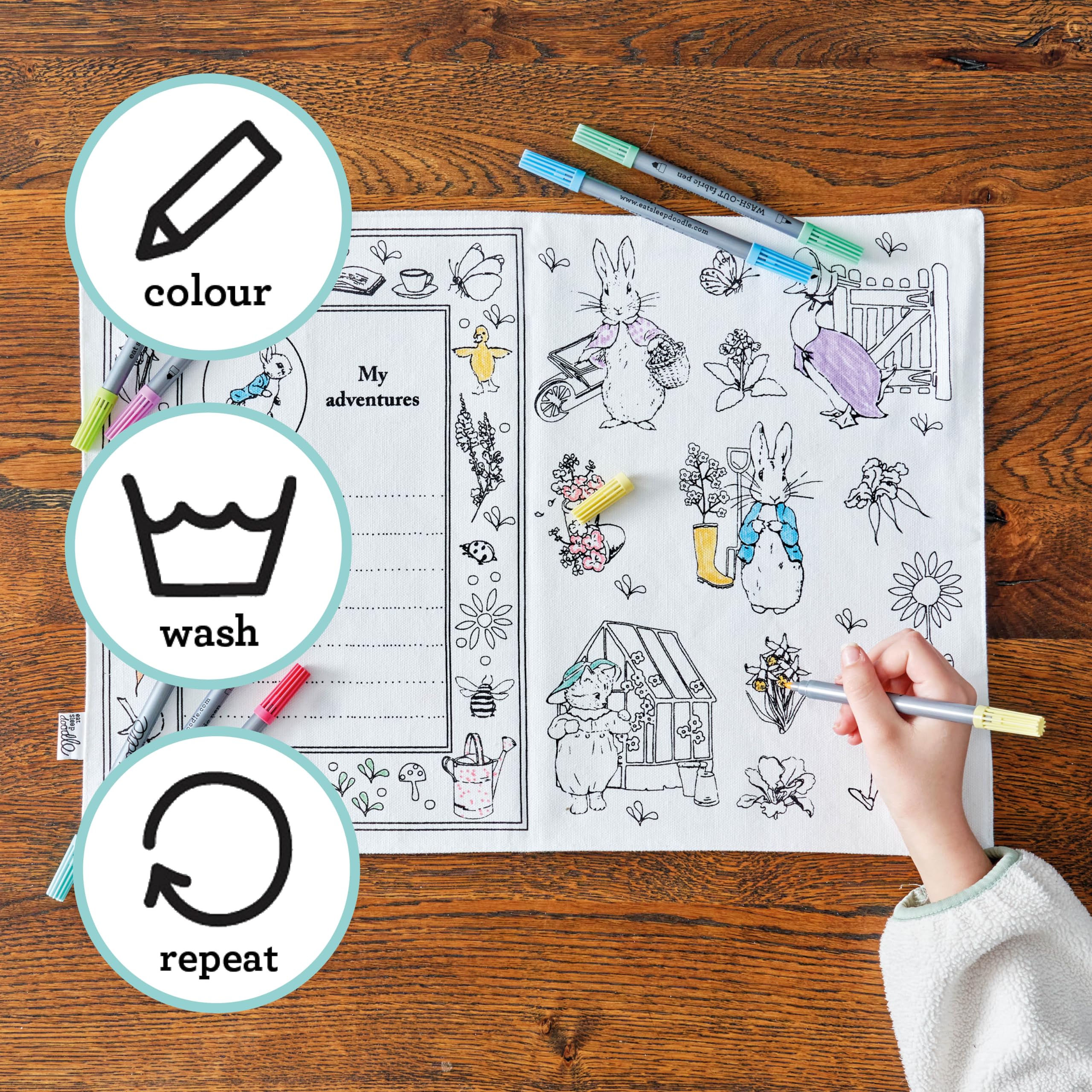 eatsleepdoodle Peter Rabbit and Friends - Tovaglietta da colorare per bambini con 10 pennarelli lavabili, 33 x 47 cm, tovaglietta da colorare Peter Rabbit, ultra lavabile e riutilizzabile
