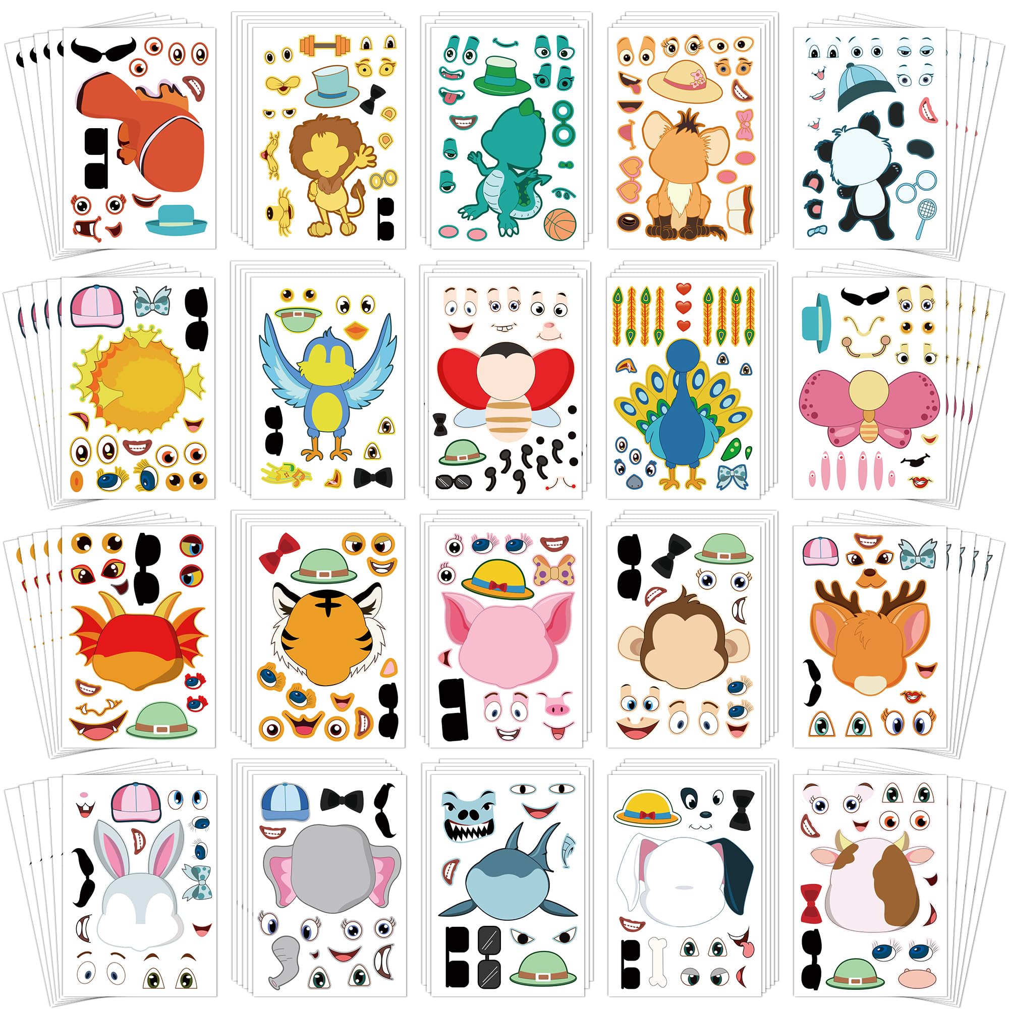 Sinceroduct 100PCS Make Your Own Stickers for Kids, Make-a-Face Stickers, 20 Animals Sticker Face for Toddlers Crafts Party Favors, Gift of Festival