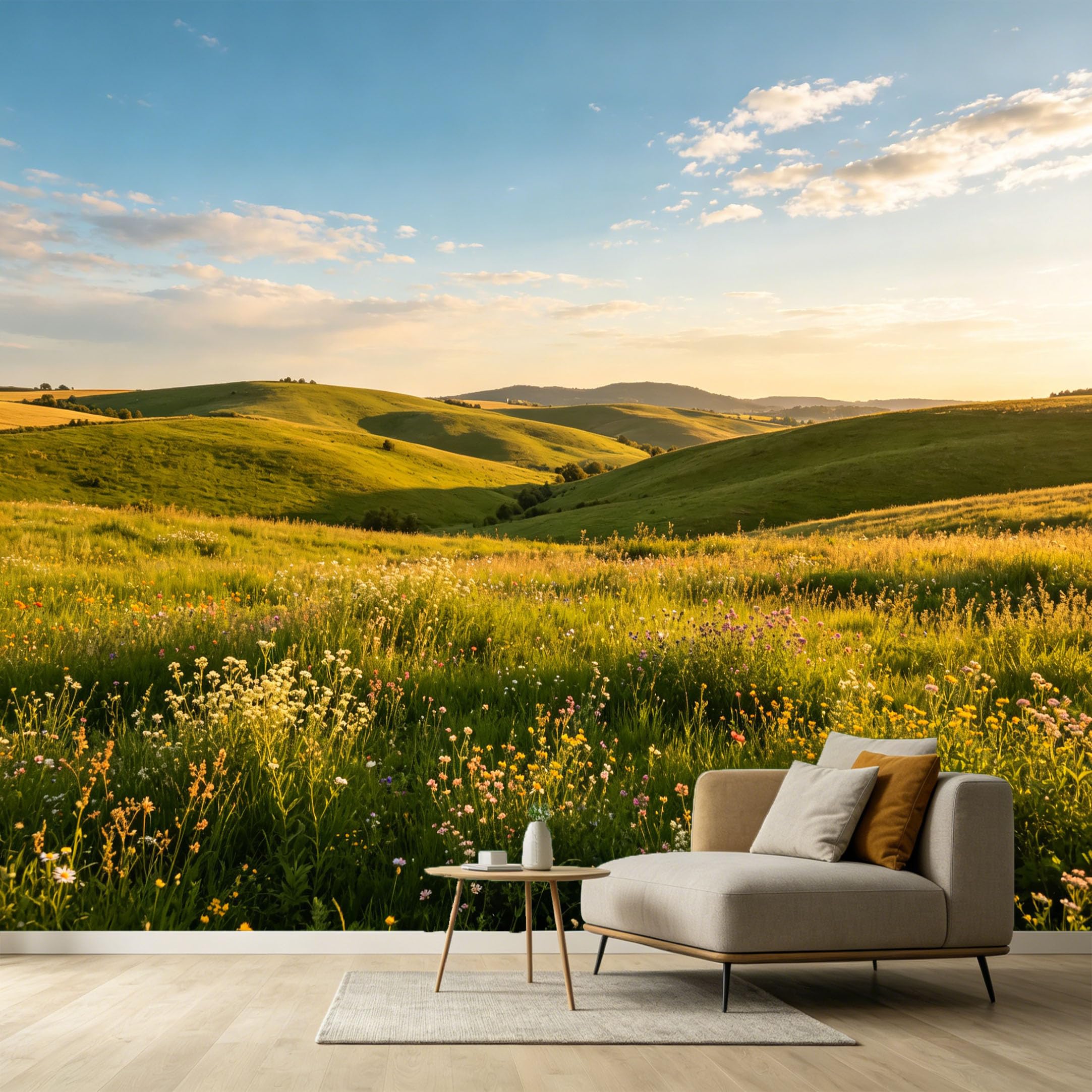 Custom Size Wall Murals Sunset Meadow Landscape Farmhouse Wildflowers Rolling Hills SelfAdhesive Wall Fabric Removable Large Wallpaper for Photo Living Room