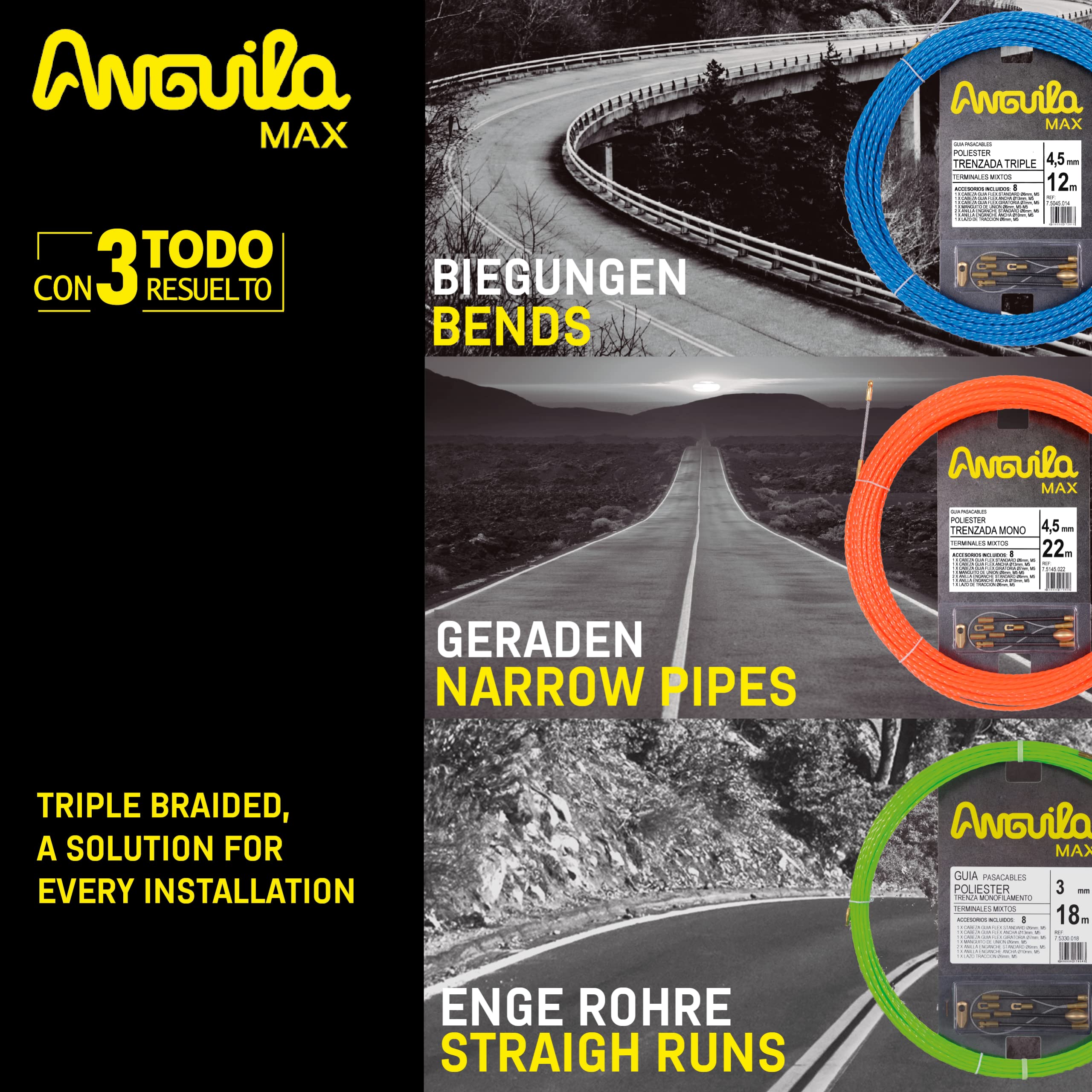 Anguila Max | Guía Pasacables | Tubos Estrechos | Monofilamento | Poliéster Trenzado | Terminales Mixtos | Color Verde | Diámetro 3mm | 12 metros