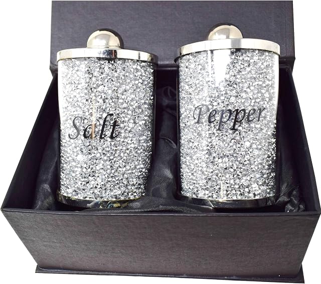 Salt and Pepper Shakers-Modern Farmhouse Kitchen Decor- Decorative Crystal Glass Salt Shaker Grinder Mill Set - Silver Wedding Registry Ideas Gifts-Rustic Holder-Farmhouse Table Decor