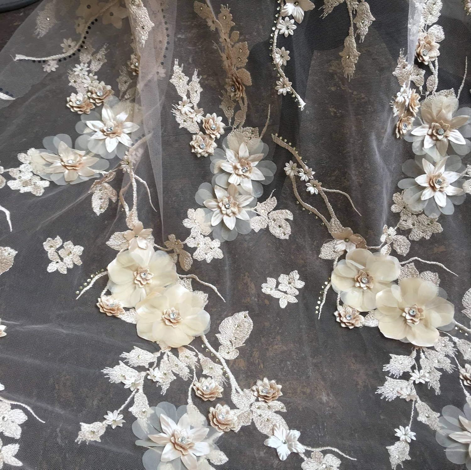 Exquisite Cream Bridal Lace Fabric by 1 Yard Rhinestone Beaded Tulle 3D Flower Wedding Lace for Gown,Dress 51 inches Width