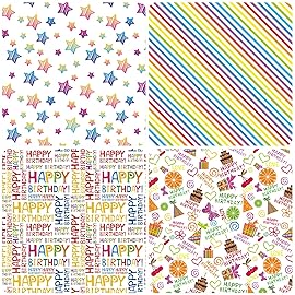 PlandRichW Birthday Wrapping Paper 12 Sheets Folded Flat for Kids, Boys, Girls, Adults.Includes Happy Birthday, Star, Rainbow, Cake 4 Colorful Designs for Baby Shower, Holiday, Party 20 X 29 Inch