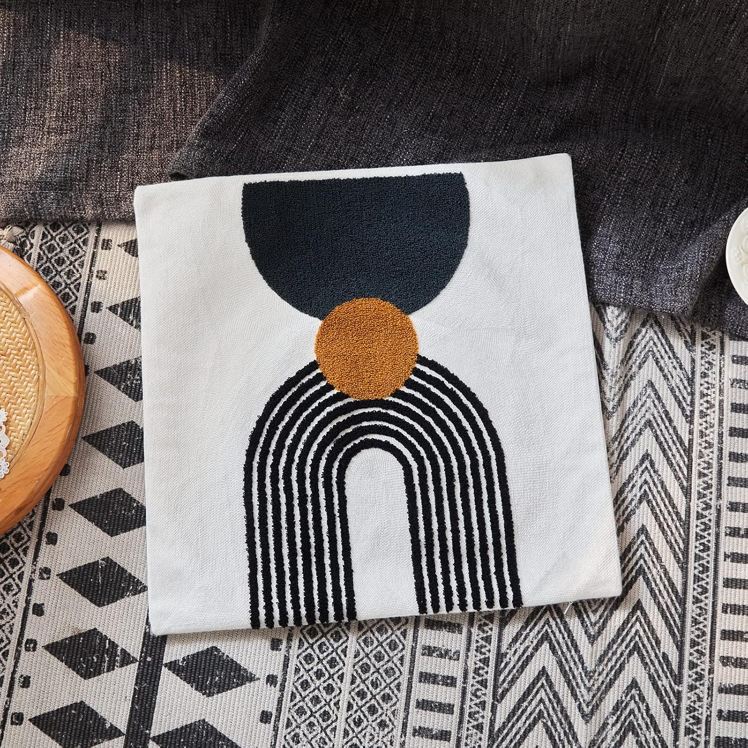 Boho Stylish Accent Throw Pillow Covers 18x18 Tribe Modern Round Arched Geometric Decorative Abstract Pillowcase for Bed Couch Living Room,1 PC,Tan and Black image 2