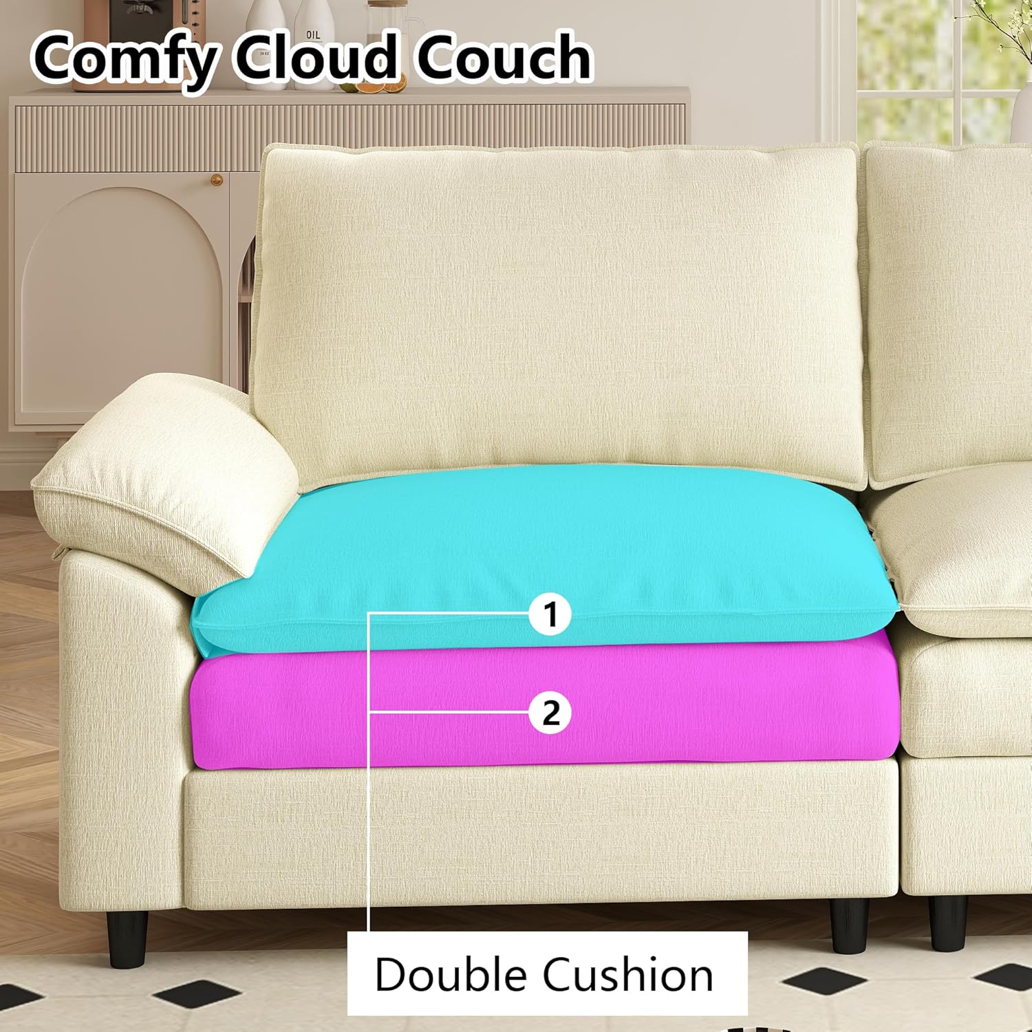 Close-up of the Aoowow sofa's double cushion design, showing the plush layers.