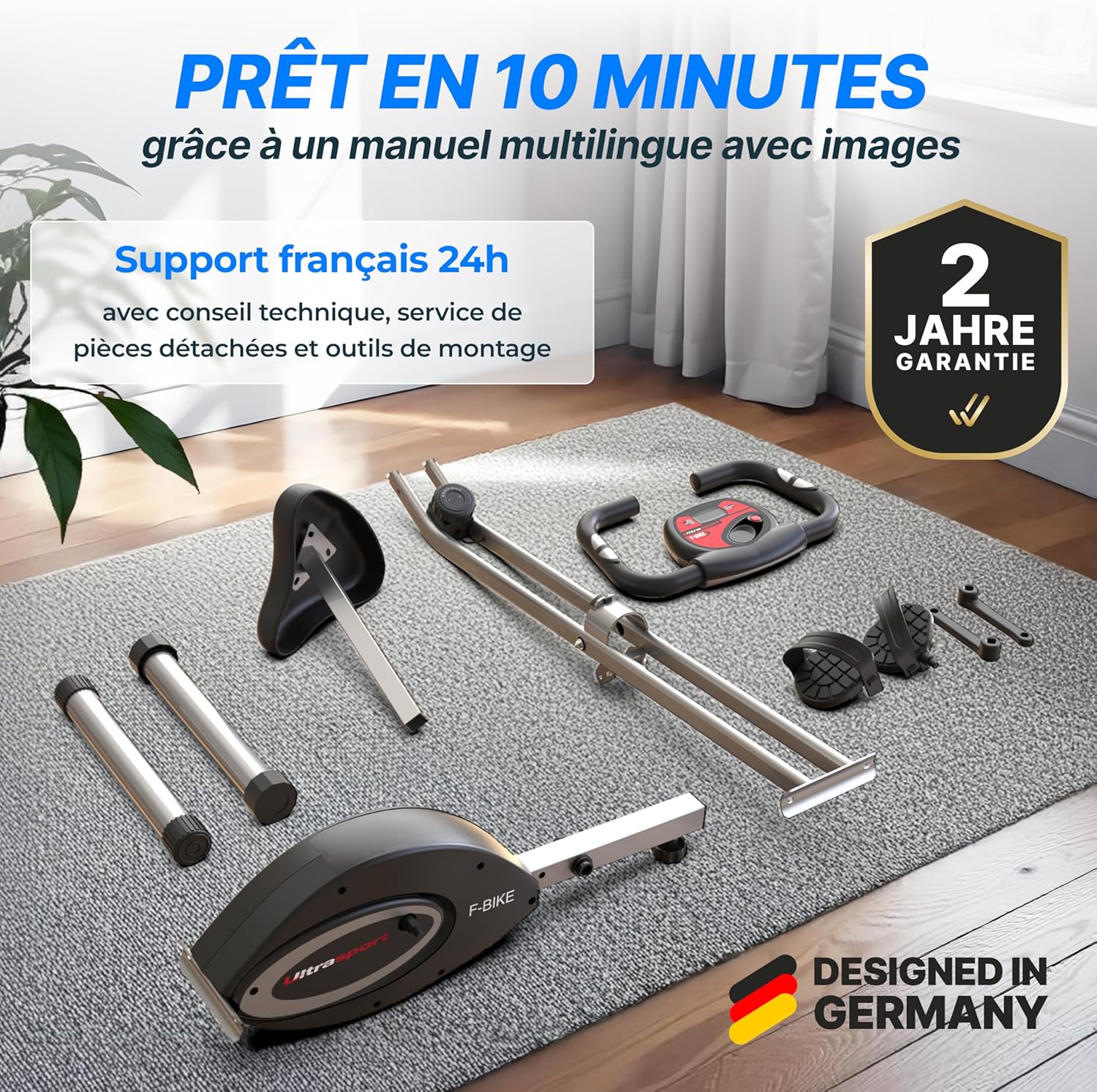 Tutti i componenti della Ultrasport F-Bike sono pronti per il montaggio, tra cui telaio, sella, manubrio, attrezzi e manuale.