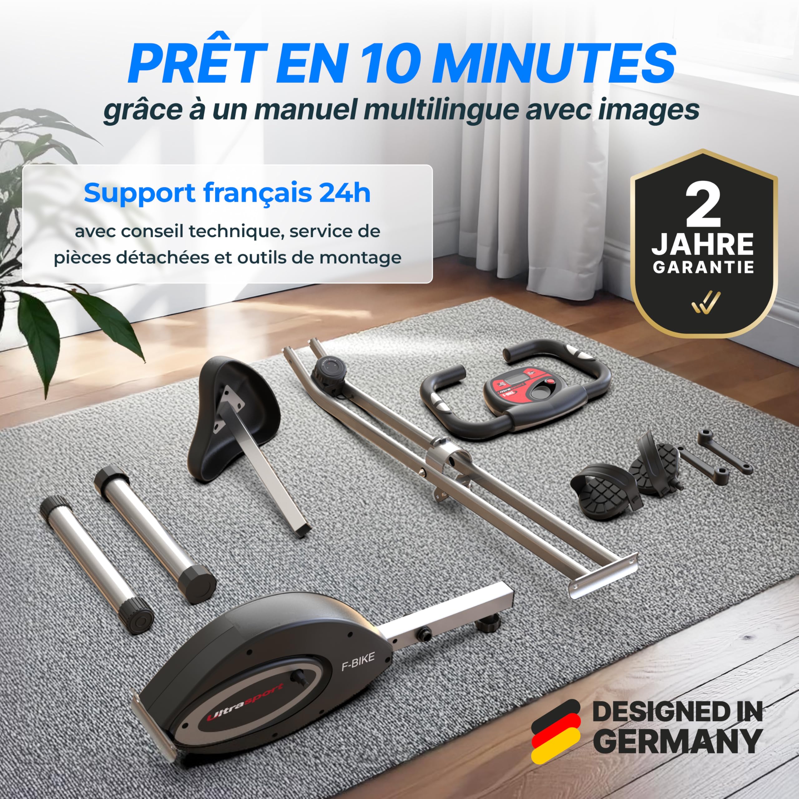 Ultrasport F-Bike Vélo d’Appartement Pliable I Extra Silencieux jusqu'à 130 kg avec Selle Confort, Velo d Appartement Pliable