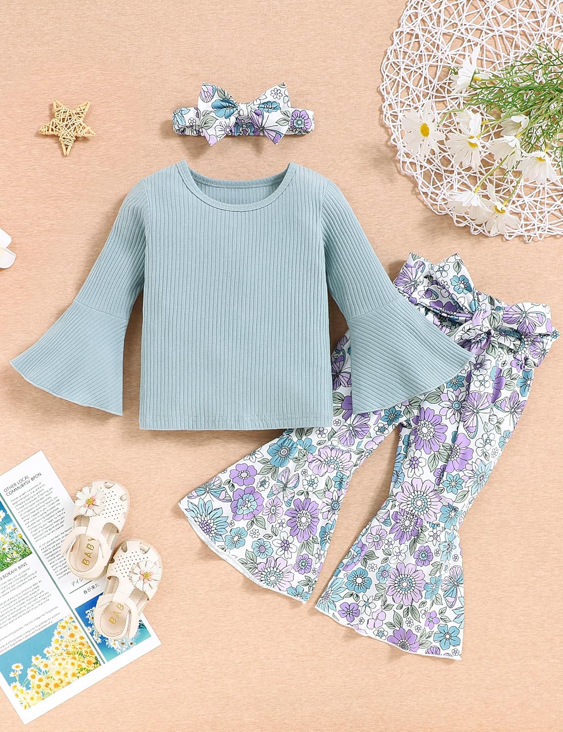 oklady Toddler Girl Clothes Ruffle Flared Top Floral Bell Bottom Pants Baby Girls Fall Winter Outfits 12M-6Y - Image 2