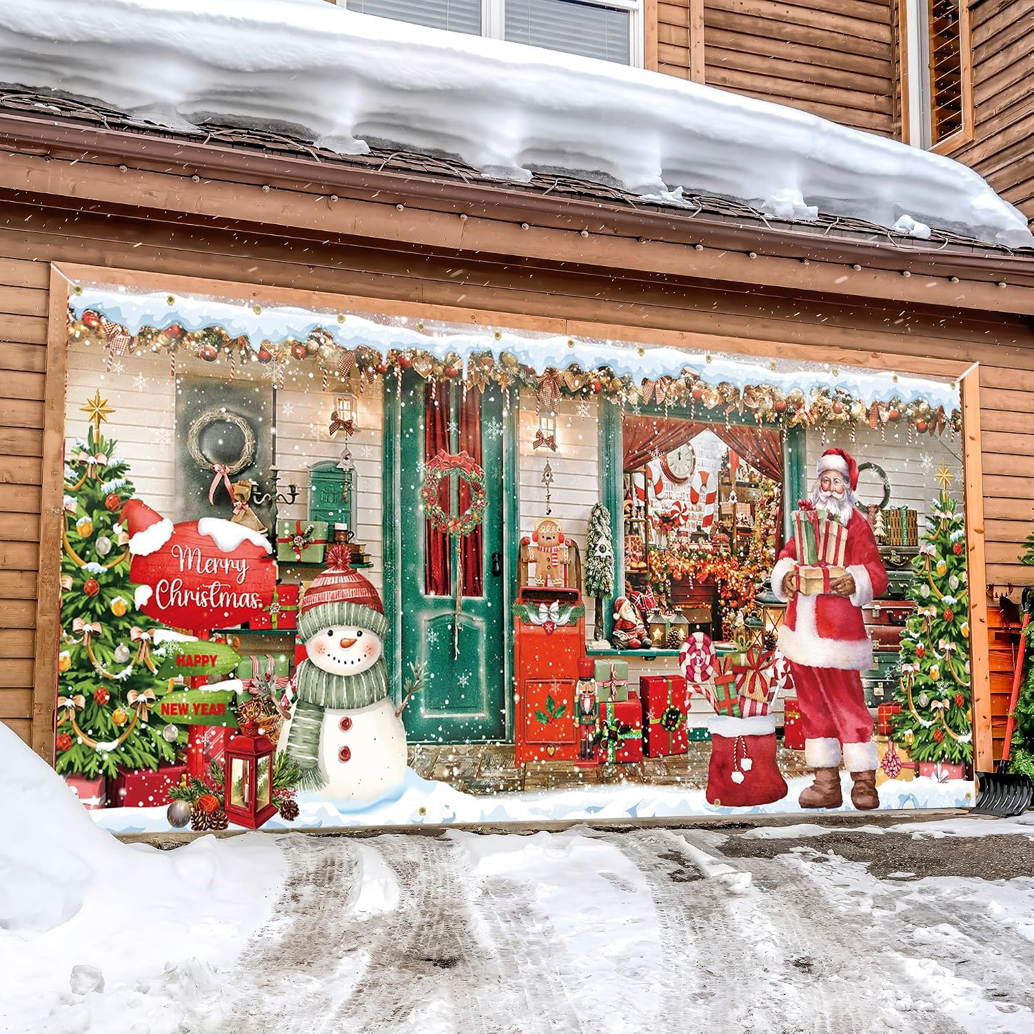 Holkcog Christmas Garage Door Decorations, 16 x 7Ft Santa Claus Shop Garage Door Cover Backdrop Banner, Large Merry Christmas Banner for Indoor Outdoor Christmas Decorations