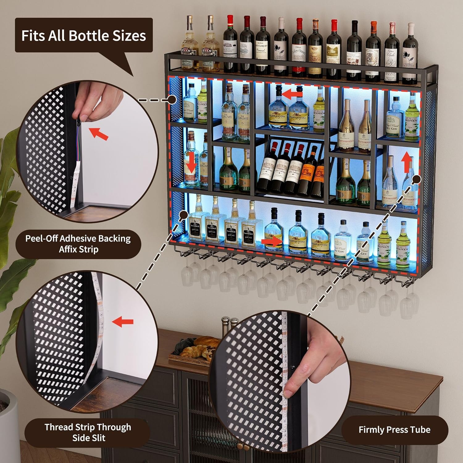 4-Tiers 59in Wine Rack Wall Mounted with LED Light, Floating Bar Shelves for Liquor Bottles, Metal Industrial Hanging Display Shelf for Home Kitchen Bar Cafe Wine Cellar Decoration