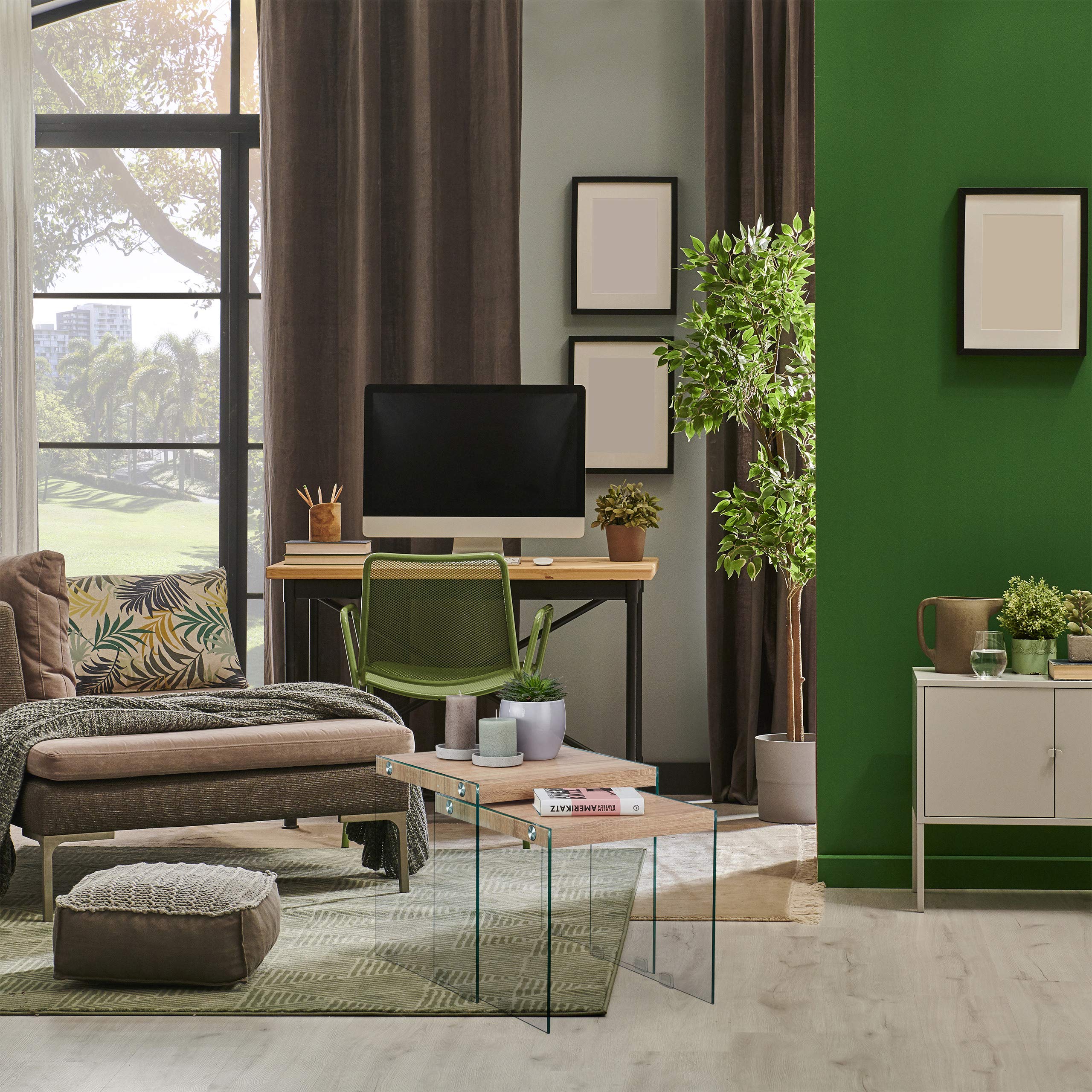 Relaxdays Set 2 Tavolini Sovrapponibili in Vetro, Ripiano in Legno, Tavoli da Divano per Soggiorno, H 40-45 cm, Naturale