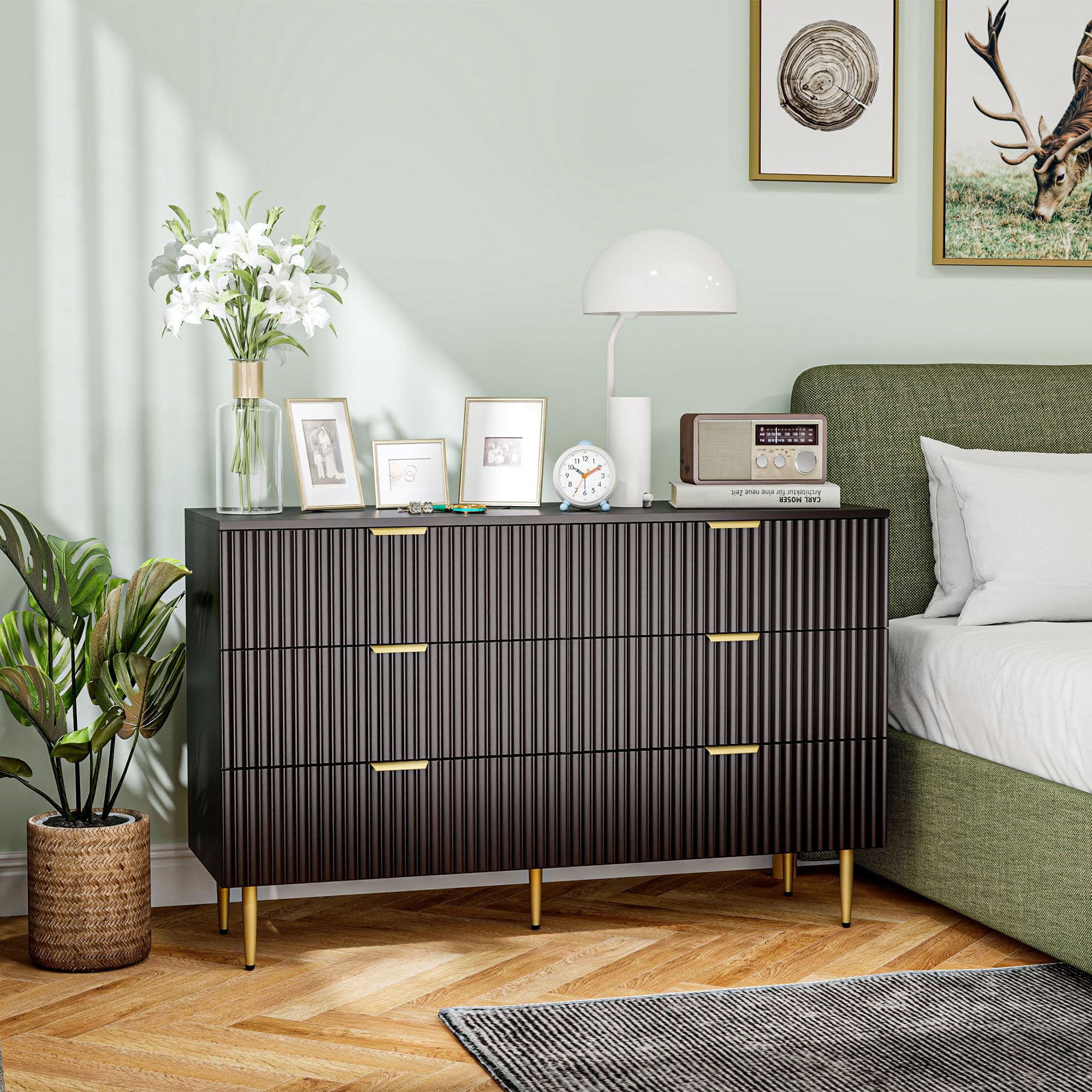HOMCOM Commode 6 tiroirs Commode Chambre Meuble de Rangement Moderne avec poignées et Pieds dorés, pour Chambre à Coucher, Salon, dim. 120 x 40 x 76,5 cm, Noir