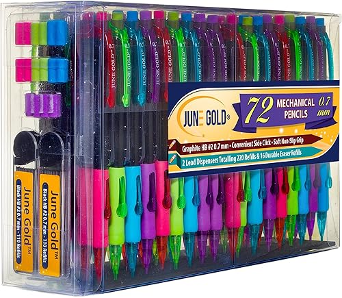 June Gold 72 lápices mecánicos, plomo HB de 0.028 in, 2 dispensadores de plomo con 220 recambios y 16 borradores, resistente a la rotura, práctico