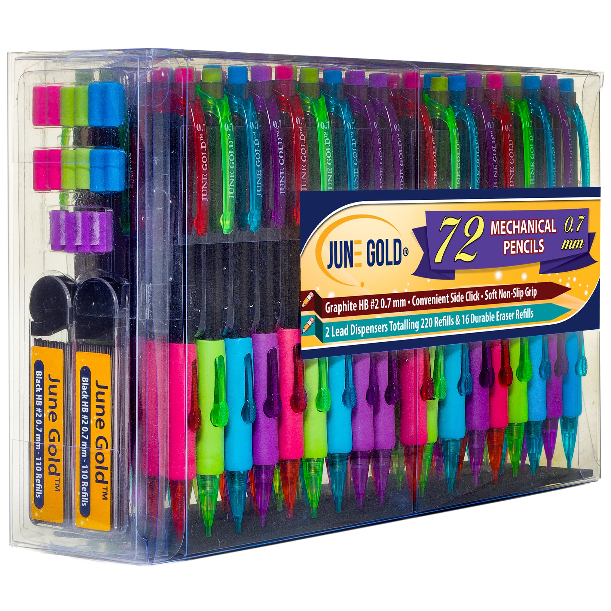Sponsored Ad - June Gold 72 Mechanical Pencils, 0.7 mm HB #2 Lead, 2 Dispensers/w 220 Graphite Refills & 16 Refill Erasers, Break Resistant Lead, Convenient Side Click & Soft Non-Slip Grip