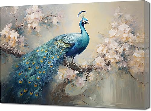 QIXIANG Lienzo decorativo para pared, diseño retro y elegante de pavo real sobre ramas de flores, impresiones de imágenes para decoración del hogar