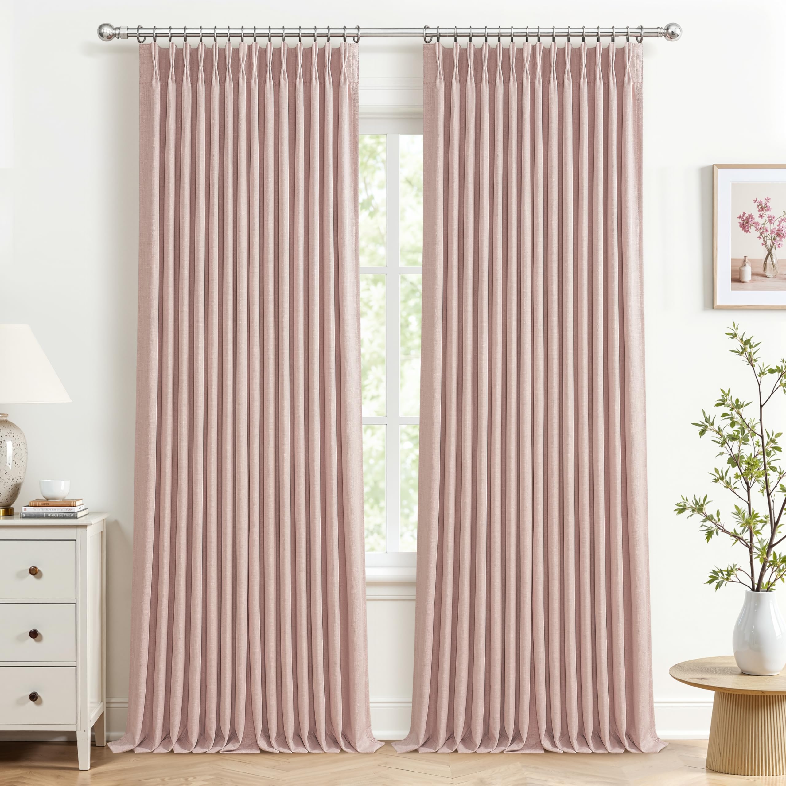 Elegant Blush Pink High Blackout High Ceiling Curtains 102 Inches Long for Sliding Glass Doors, Memory Trained Pinch Pleat Dual Layer Thick Linen Thermal Sound Dampening Modern Window Drapes 2 Panels