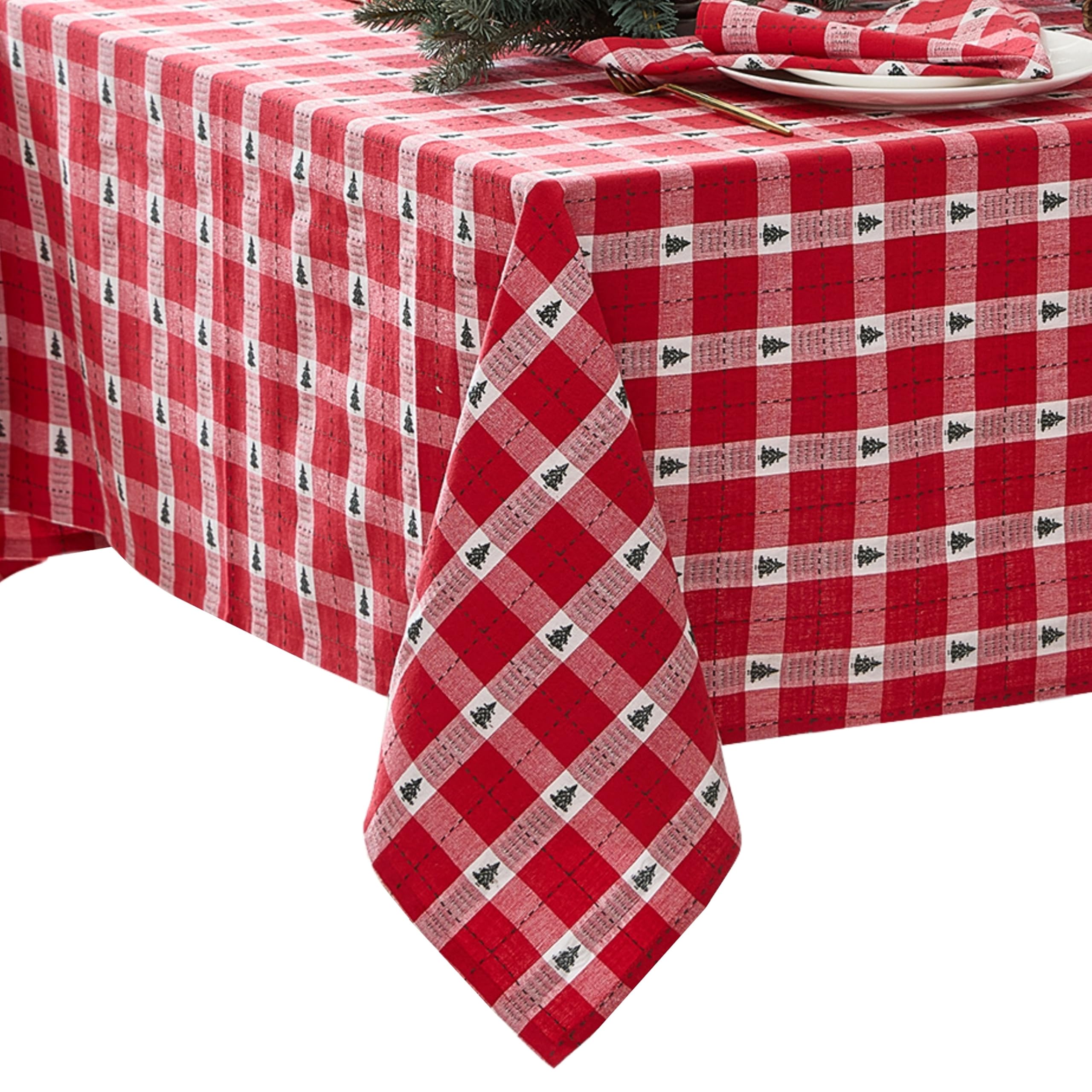 Elrene Red Home Fashions Sherwood Tree Dobby Christmas/Holiday Cotton Rectangle Tablecloth, 60"X84",