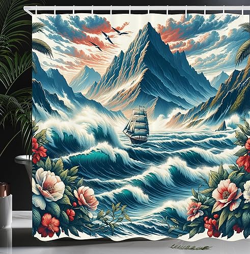 Miniatura 41 de Cortina de regadera de mundo marino, peces, estrellas de mar, formato arte moderno, decoraciones temáticas para niños para baño del hogar, Marrón