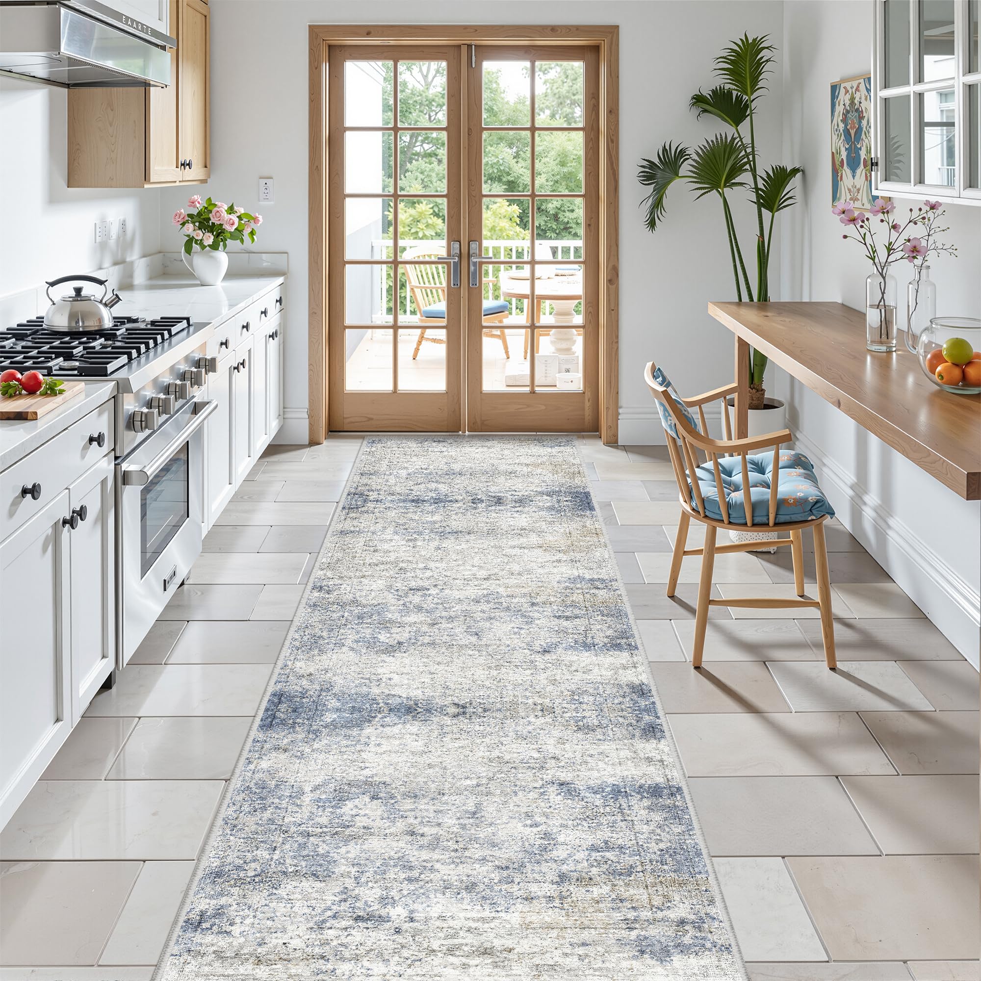 Restydon 2'6 x 8' Runner Rug Non Slip,Washable Kitchen Rugs,Blue