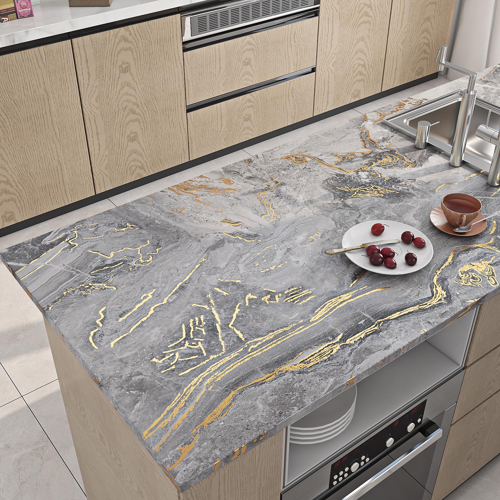 Livelynine Marmor Folie Selbstklebend Grau mit Vene Gold 500CM x 90CM Breit Marmor Tapete für Wand Grau Gold Wohnzimmer Schlafzimmer Abwaschbare Folie Arbeitsplatte Küche Badezimmer Klebefolie Küche