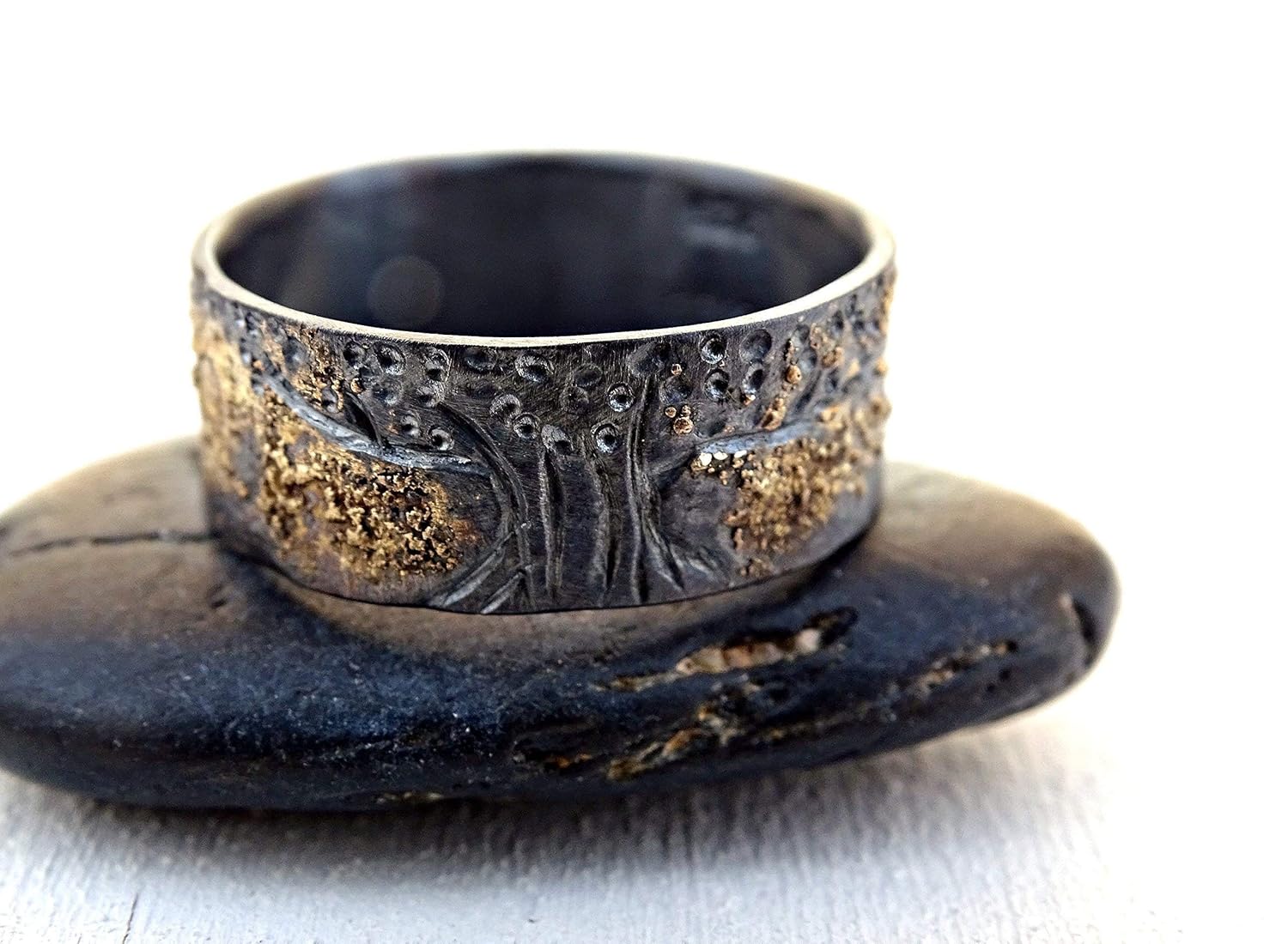 unique viking ring, celtic wedding band, tree of life ring black silver 14k gold, mens wedding ring molten gold and silver, Yggdrasil ring : Handmade Products