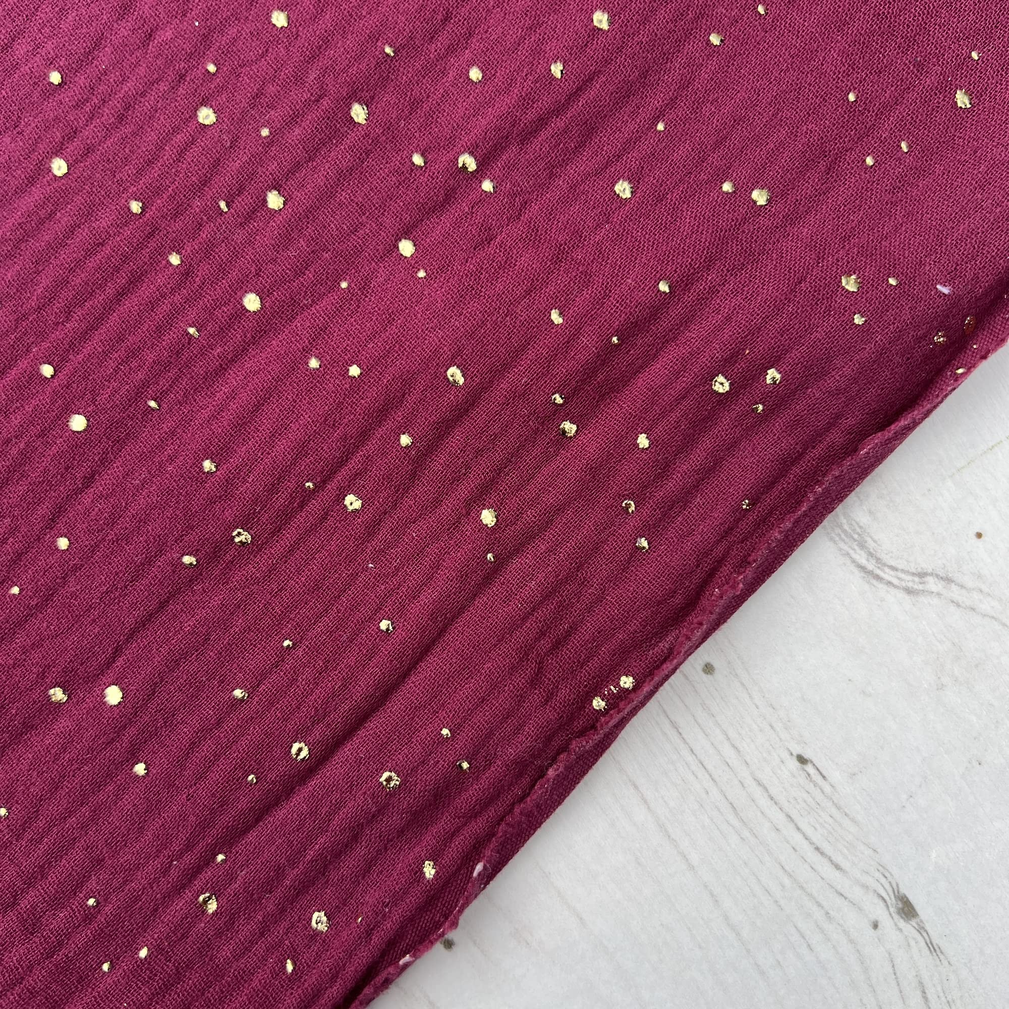 Gold Speckled Double Gauze 100% Cotton Fabric Dress Making Lightweight Muslin Baby Nursery Children Swaddle Blankets Scarves Summer Clothing | 55" - 140 cm Wide (per Half Metre, Wine)