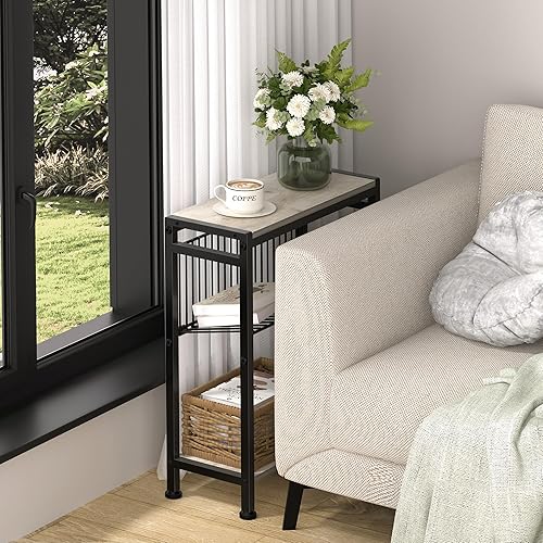 Miniatura 6 de Mesa auxiliar pequeña para espacio pequeño, mesa auxiliar estrecha de 3 niveles con soporte para revistas, mesita de noche delgada, mesa de sofá