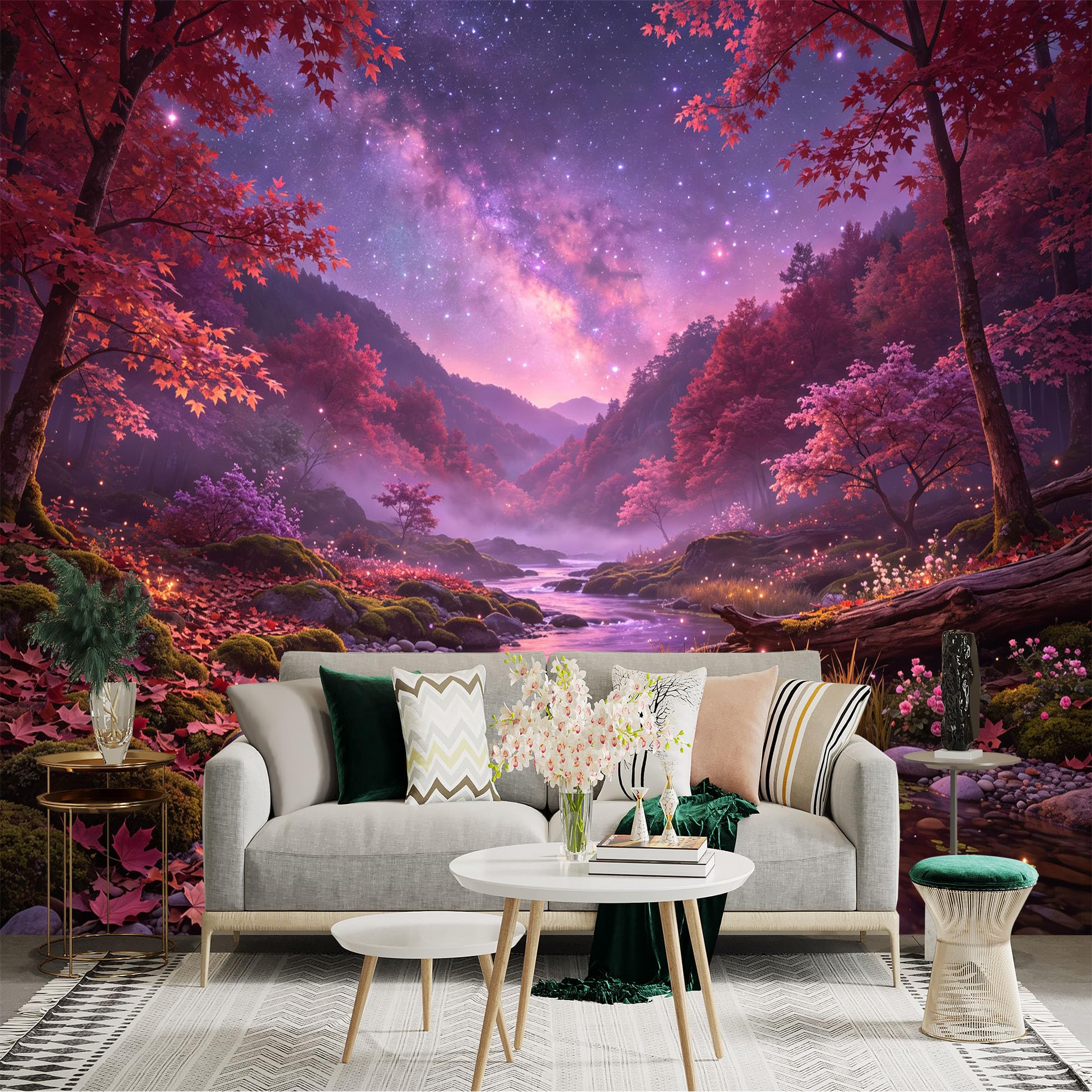 Lnzczhyre Bh260719508 Custom Size Wall Sticker Mural， Enchanted Autumn Forest With River， Purple Nebula Sky And Glowing Fireflies， For Wall Decoration， Peelandstick Wall Decals.
