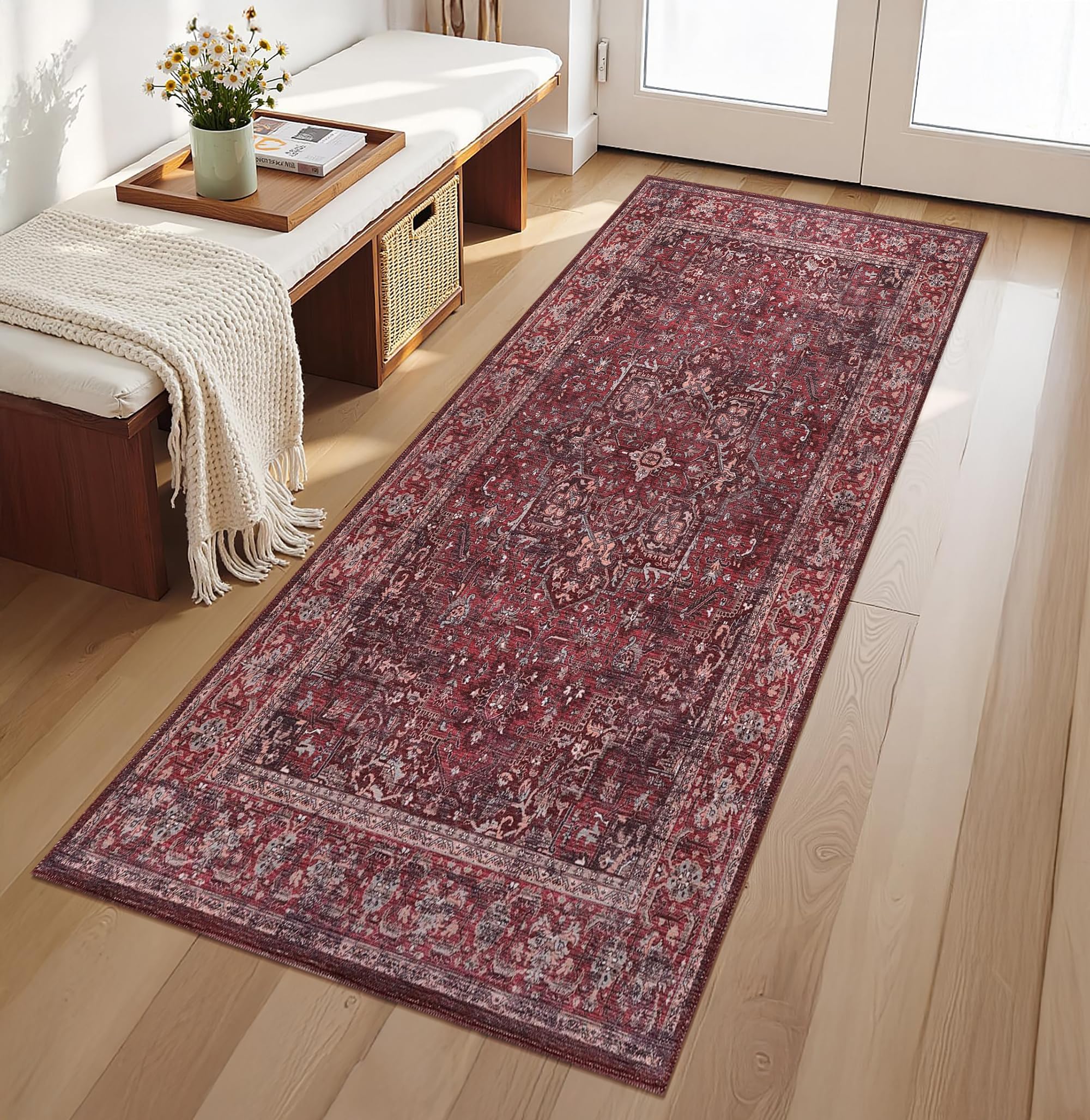 RUGS DEPOT Machine Washable Area Rug for Living Room 80x240 cm – 4 mm Thin Vintage Chenille Carpet with Non-Slip Cotton Backing | Soft Low-Pile Washable Rug for Bedroom & Hallway