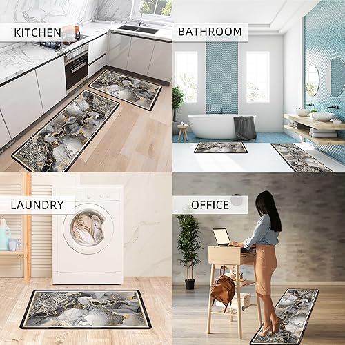 Miniatura 5 de Qahing Juego de 2 alfombras de cocina con diseño floral bohemio, antifatiga, antideslizantes, cómodas, bohemias, impermeables, para fregadero de