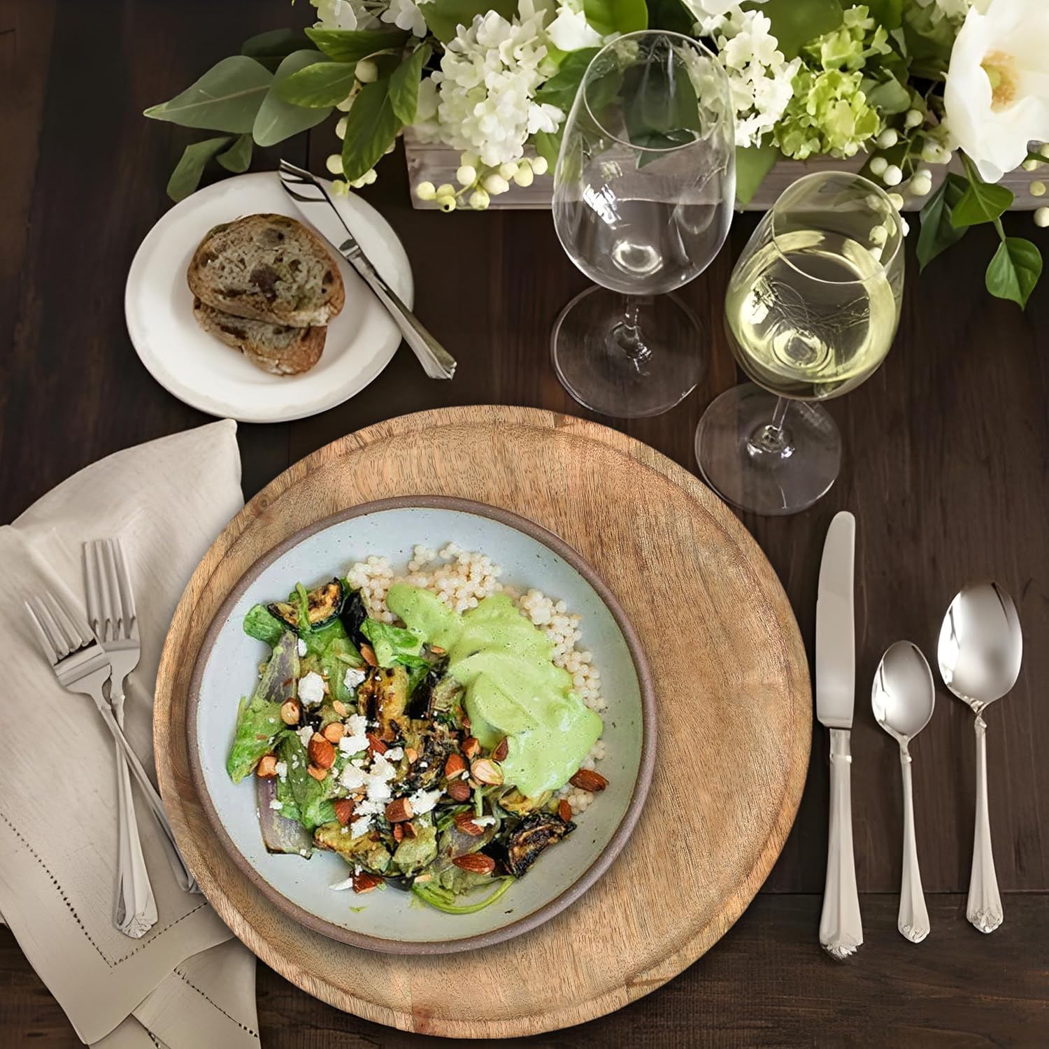 Lightnpro Round Wood Plates - 13 Inch Natural Hand Made Wooden Charger Plates, Easy Cleaning Lightweight Serving Plates for Dishes, Snack, Dessert, Salad - 2 Pack