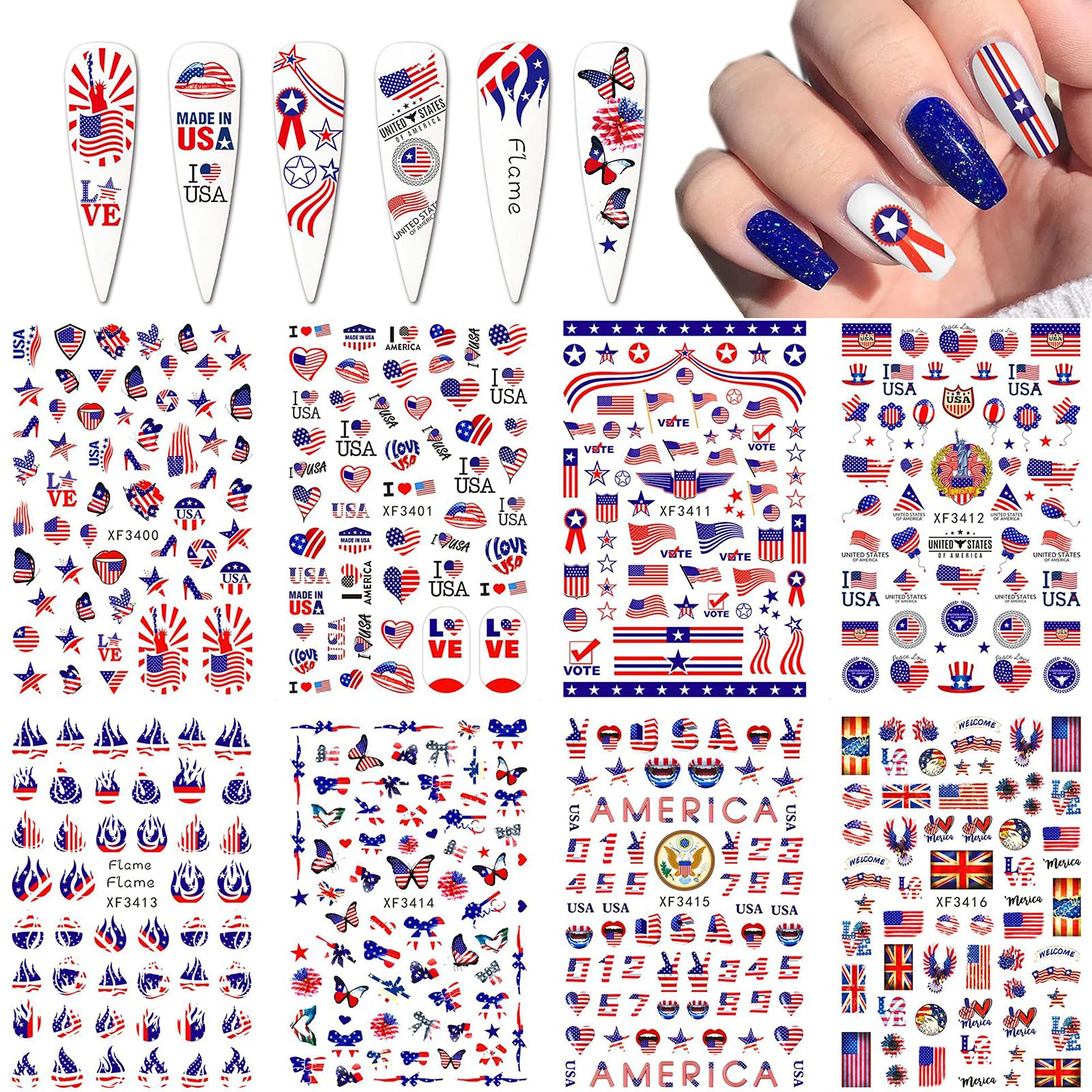 8 Sheets American Independence Day Nail Art Stickers, USA 3D Self-Adhesive Traditional Patriotic Element Acrylic Nail Decals for Fourth of July Memorial Day.