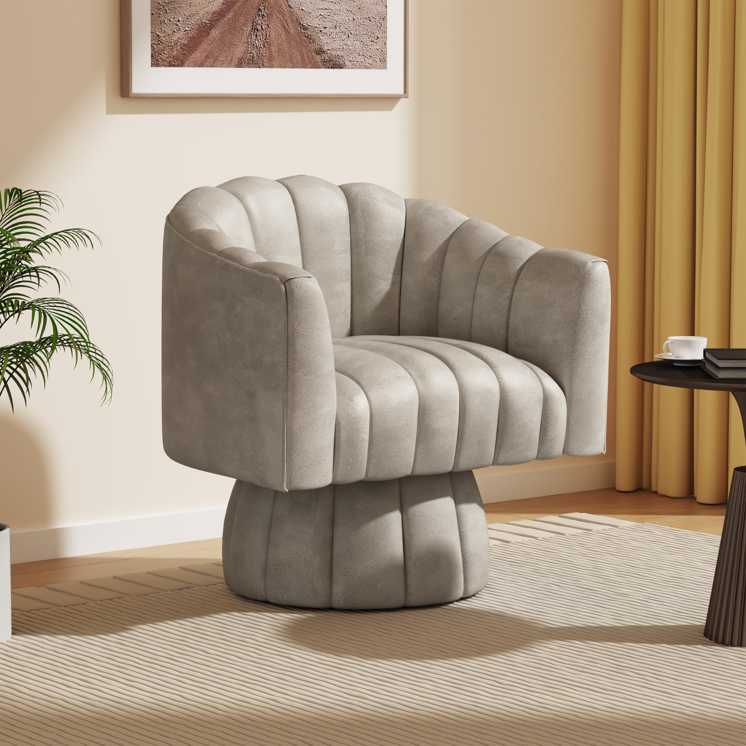 Modern 360 Degree Leather Swivel Cuddle Barrel Accent Sofa Chairs, Round Armchairs with Wide Upholstered, Leather Reading Chair for Living Room, Bedroom, Office, Waiting Rooms, (Dark Almond)