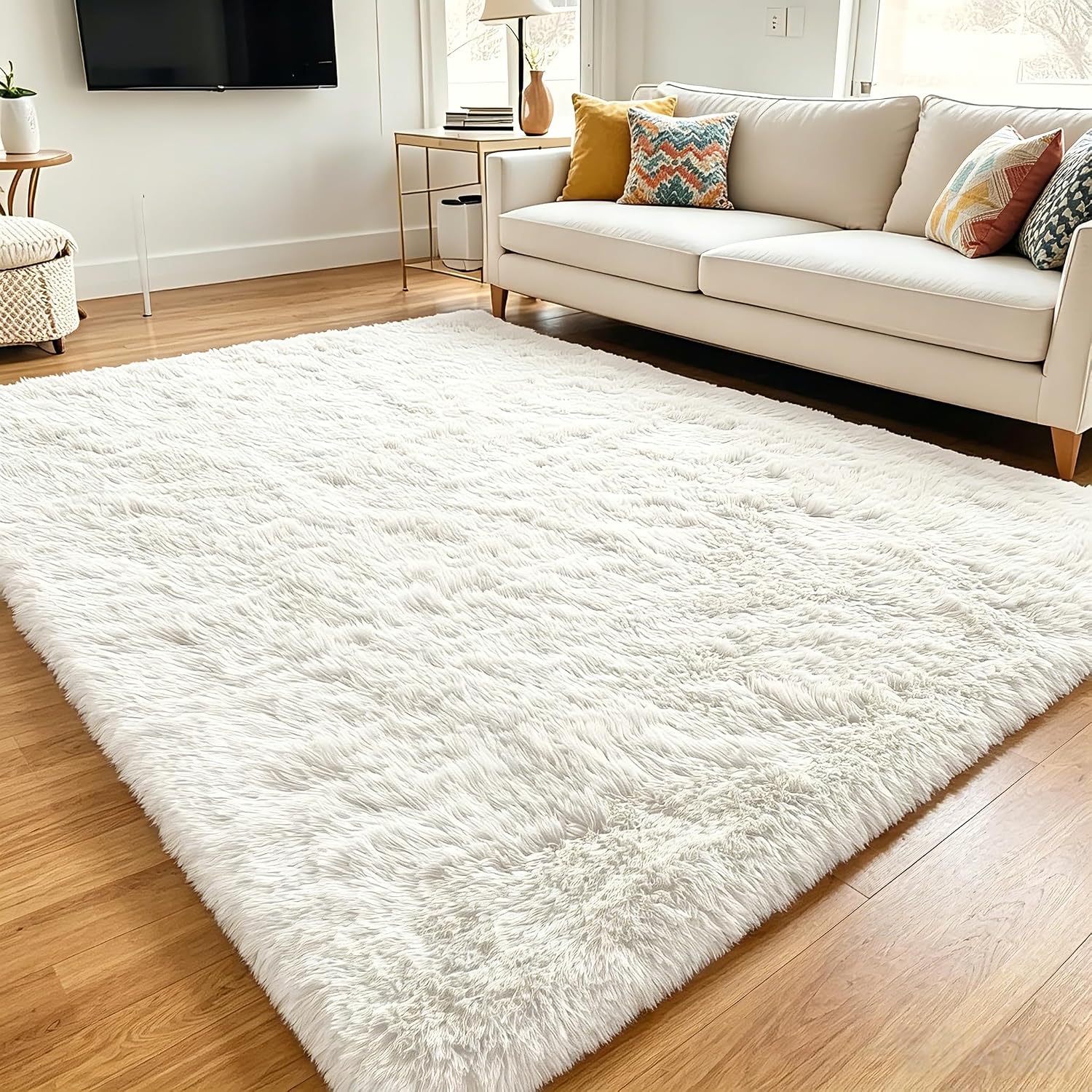 GarveeHome White Fluffy Living Room Rug 8x10 Non Slip Extra Large Washable Rugs for Bedroom Nursery Soft Fluffy Shaggy Bedside Rug Perfect for Kids,Olds,High Traffic Area, White