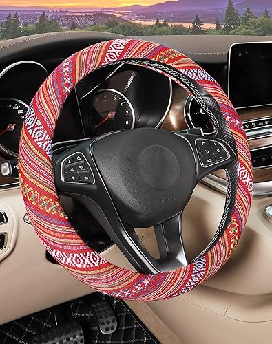 SEG Direct Funda bohemia para volante con tela de manta baja, estilo étnico, hecha de lino grueso, se adapta a ruedas de automóvil de 14 12-15 14