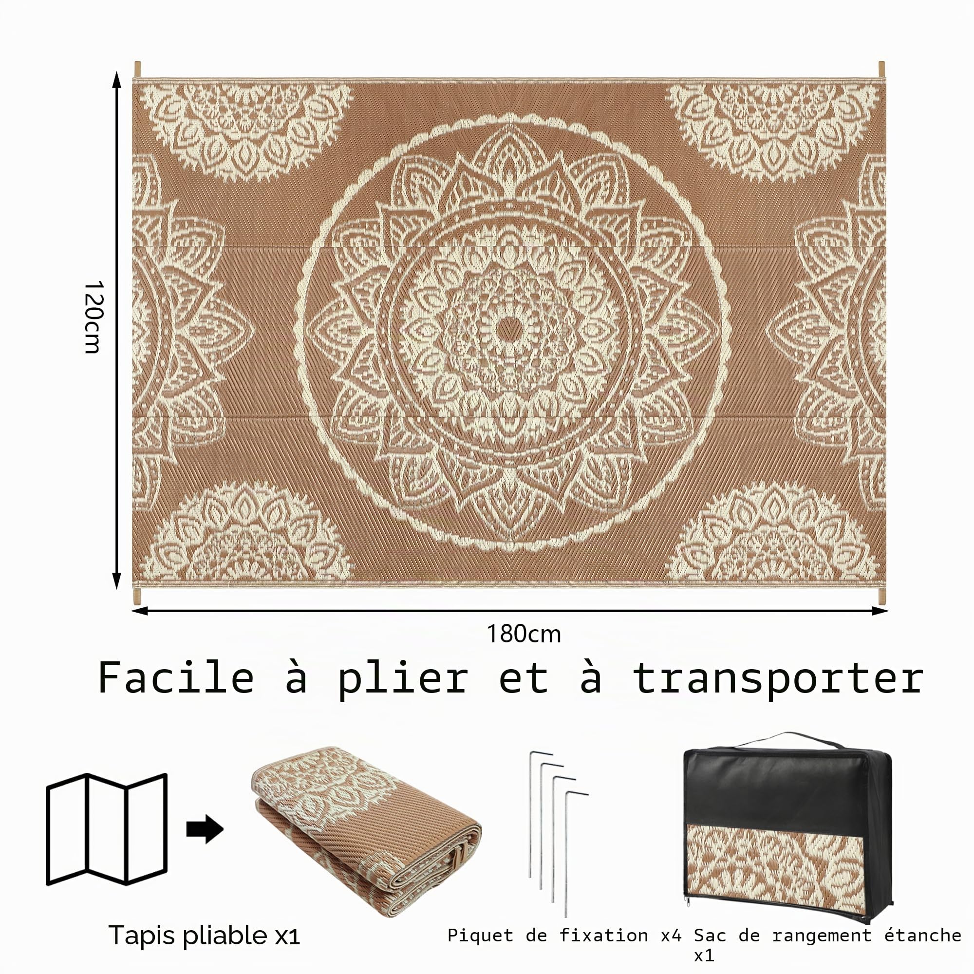 Famibay Tapis d'extérieur réversible en paille de plastique imperméable, résistant aux UV, portable, pour camping-car, balcon, pique-nique, 120 x 180 cm, marron et beige