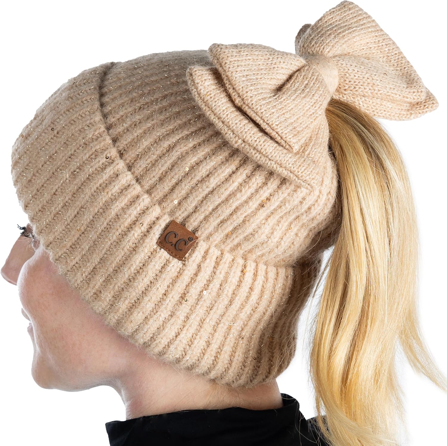 Funky Junque Ponytail Beanie Hat with Sequin Bow - Warm Stretchy Winter Cap for Women - Winter Neutrals, Pastel Hues