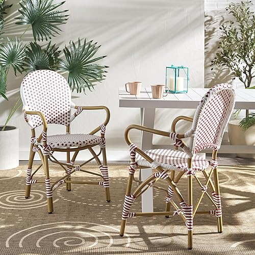 Miniatura 2 de SAFAVIEH Outdoor Collection Hooper - Silla apilable estilo bistró rojoblancomarrón claro (juego de 2)