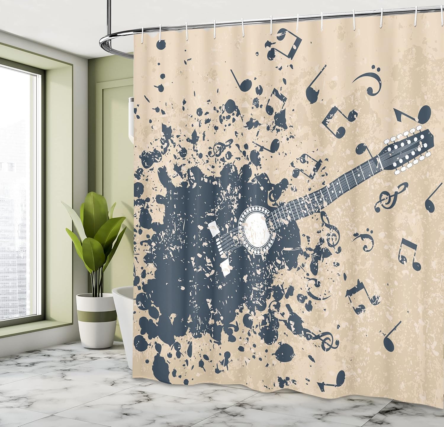 Ambesonne Modern Shower Curtain, Acoustic Guitar on Retro Murky Background Music Notes Melody Illustration, Cloth Fabric Bathroom Decor Set with Hooks, 69" W x 75" L, Beige Dark Blue